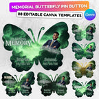 08 Editable Memorial Green Butterfly Pin Button Template, Green in loving memory Butterfly Pin Button Template, In Loving Memory Template - Editable Memorial Canva Template