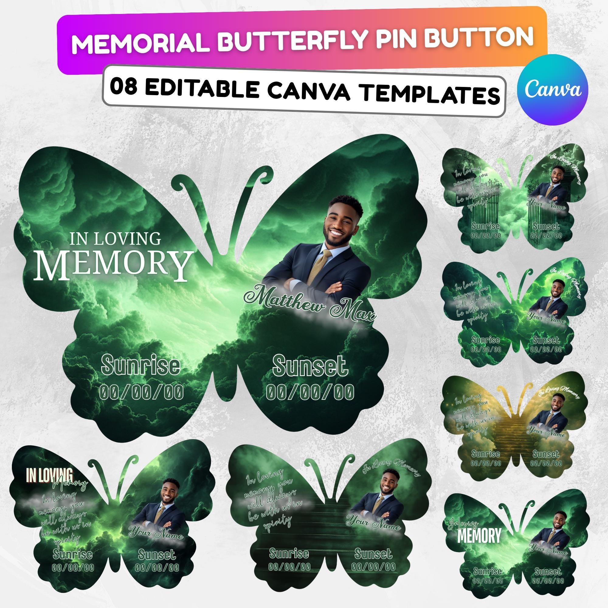 08 Editable Memorial Green Butterfly Pin Button Template, Green in loving memory Butterfly Pin Button Template, In Loving Memory Template - Editable Memorial Canva Template