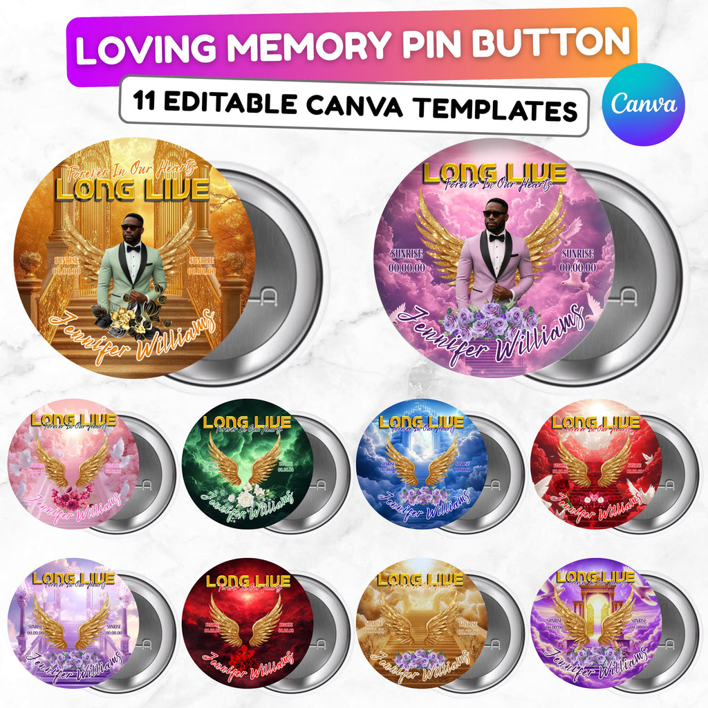 11 Long Live Pin Button Canva Editable Templates, Long Live Pin Button Canva Designs, Funeral T-Shirt Template, Digital Download - Editable Memorial Canva Template