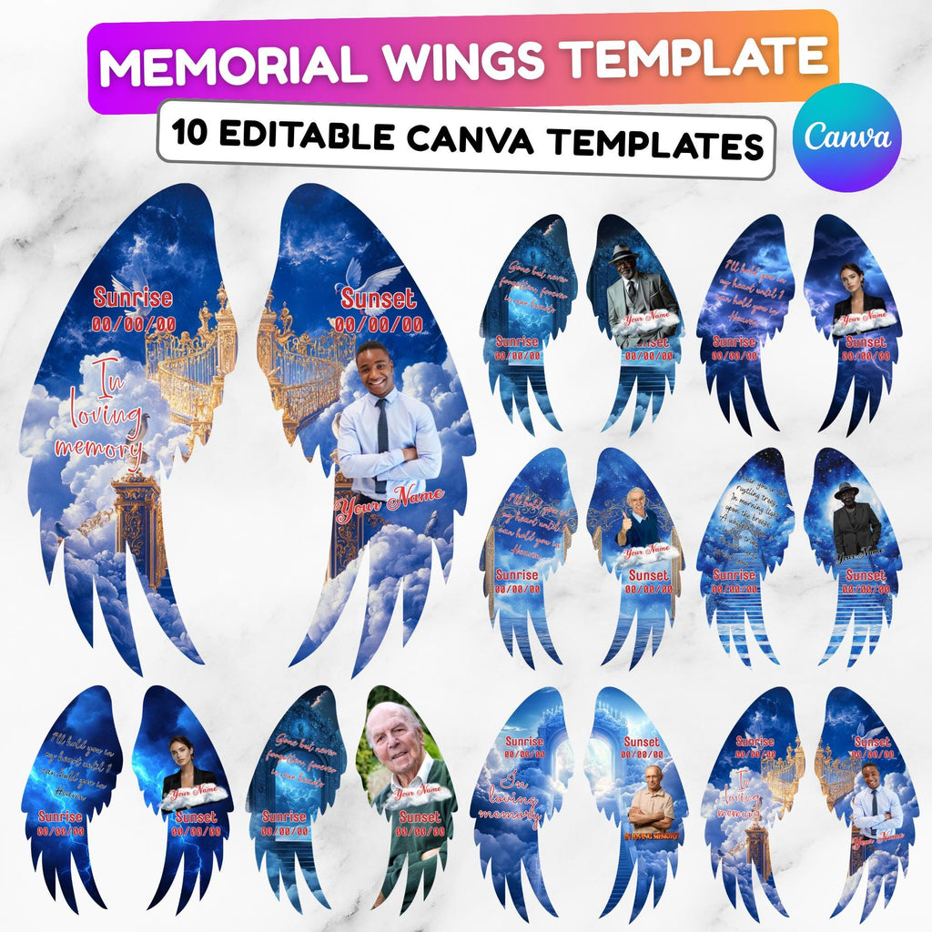 Editable Memorial Blue Wings Pin button Template, Funeral Button Favor, In Loving Memory Canva Template, Memorial Wings Pin Canva Template - Editable Memorial Canva Template