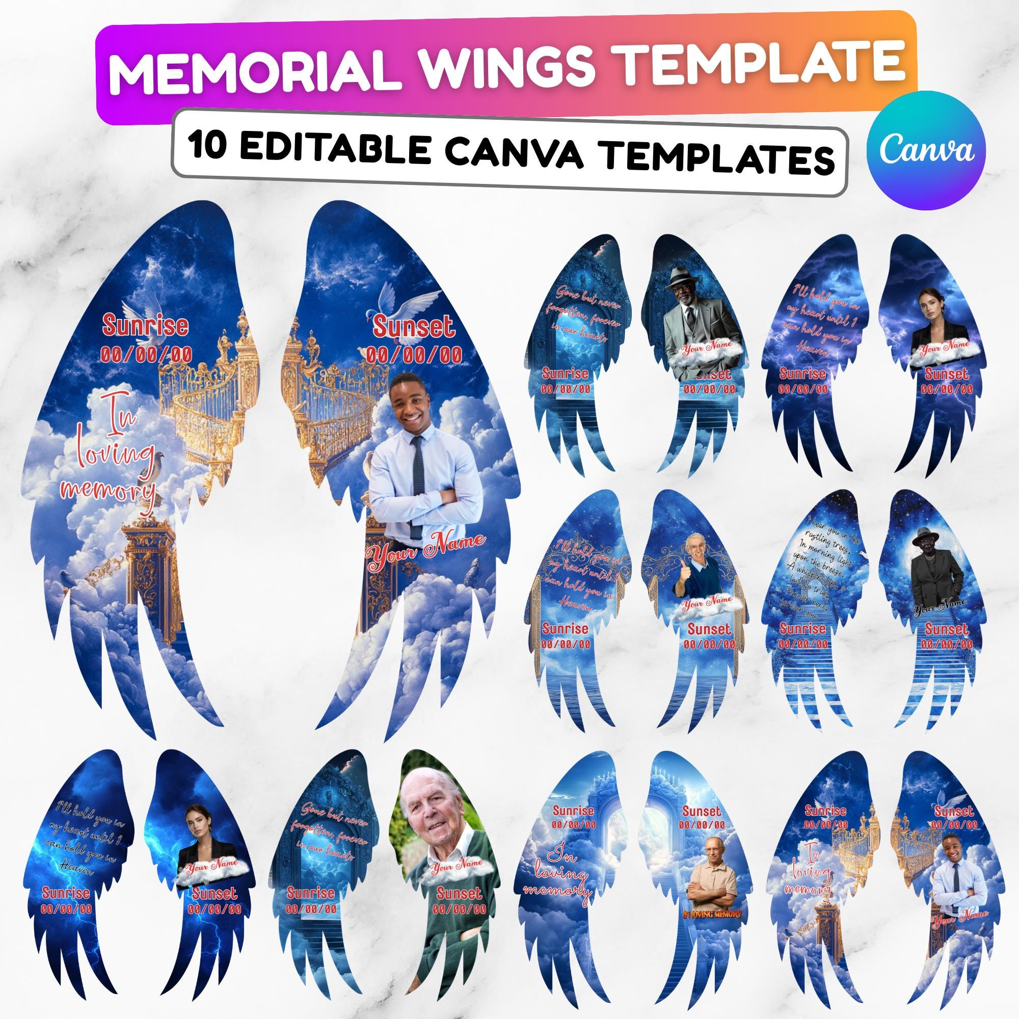 Editable Memorial Blue Wings Pin button Template, Funeral Button Favor, In Loving Memory Canva Template, Memorial Wings Pin Canva Template - Editable Memorial Canva Template