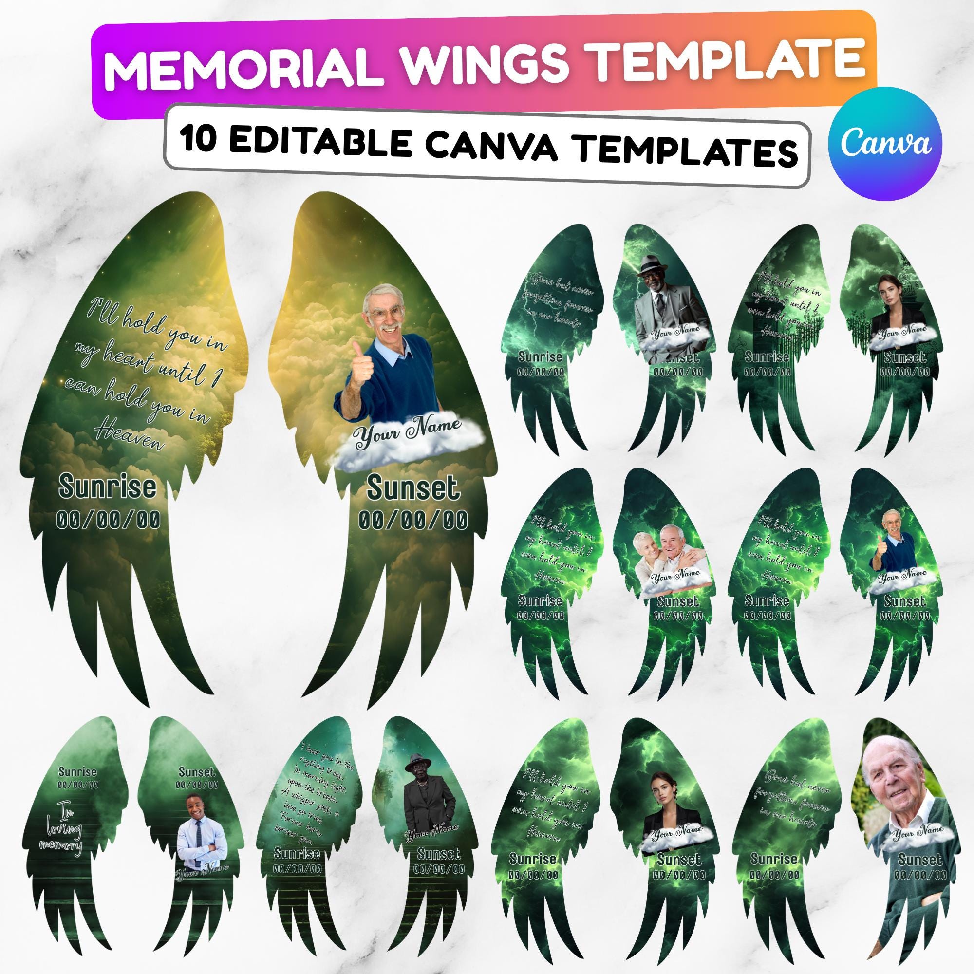 Editable Memorial Green Wings Pin Button Template, Funeral Button Favor, In Loving Memory Canva Template, Memorial Wings Pin Canva Template - Editable Memorial Canva Template