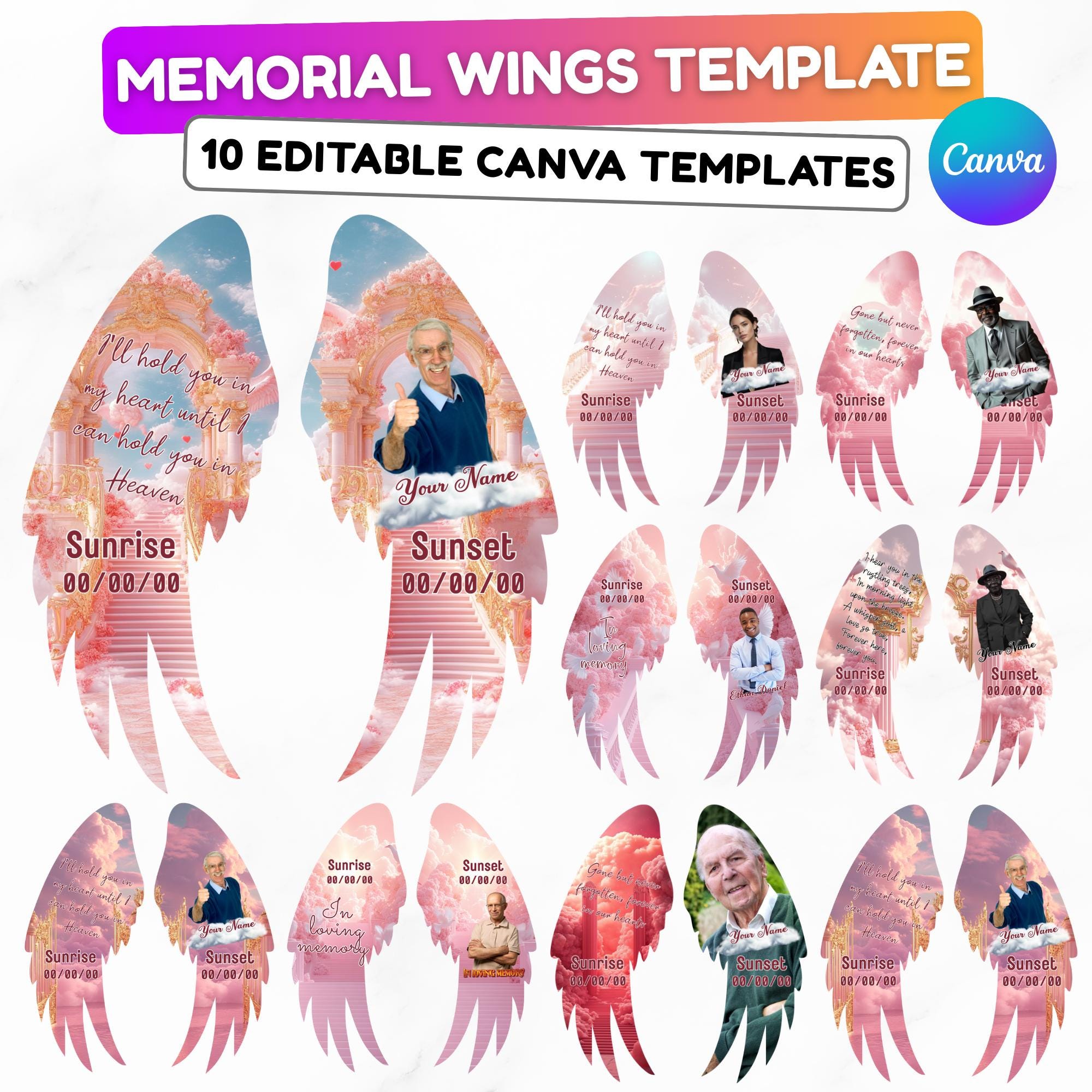 Editable Memorial Pink Wings Pin Button Template, Funeral Button Favor, In Loving Memory Canva Template, Memorial Wings Pin Canva Template - Editable Memorial Canva Template