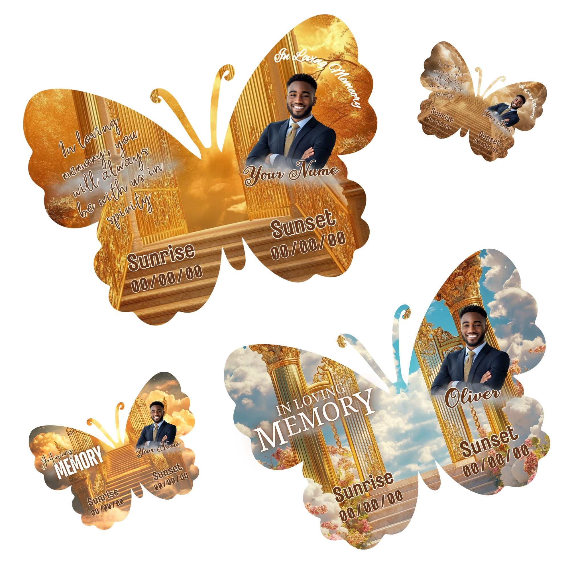 17 Editable Memorial Golden Butterfly Pin Button Template, In Loving Memory Butterfly Pin Button Template, Memorial Canva Template - Editable Memorial Canva Template