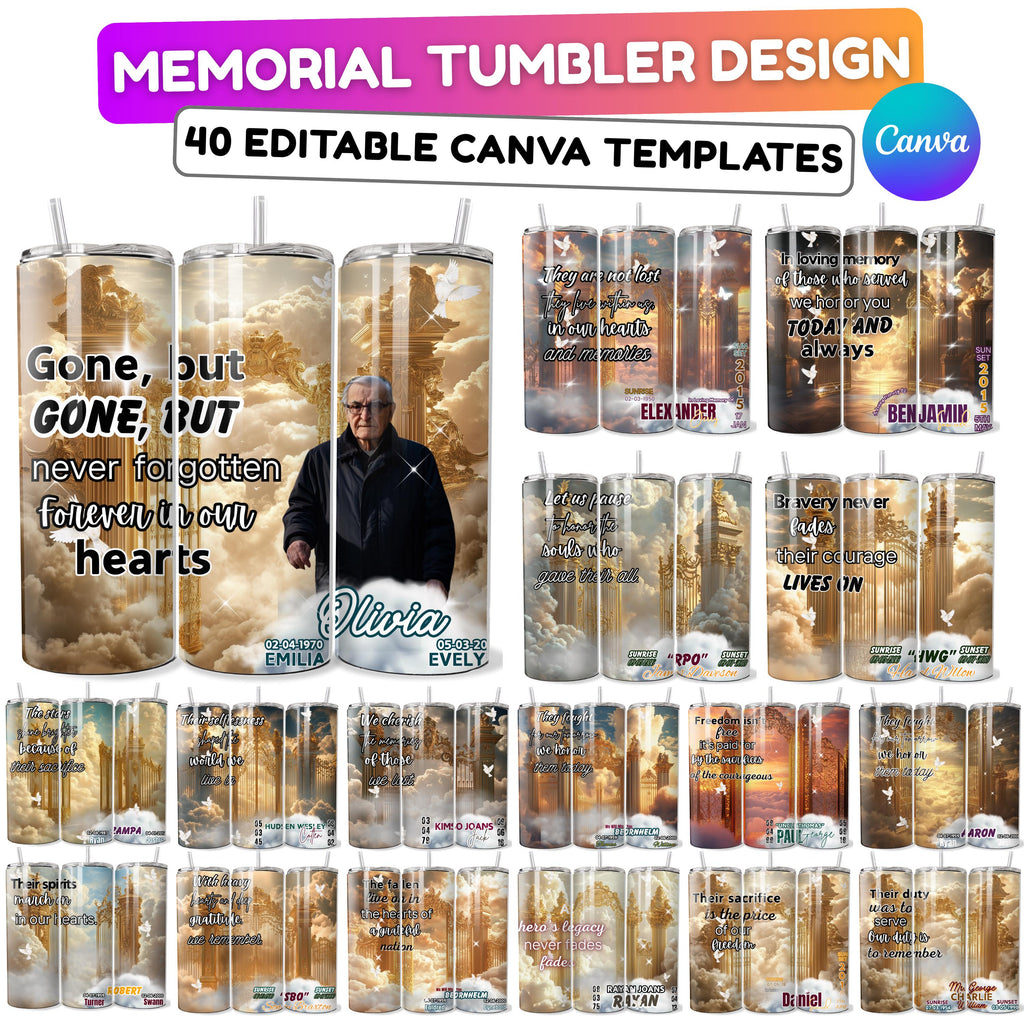 11 In Loving Memory Golden Tumbler Canva Editable Templates, In Loving Memory Template, Memorial Tumbler Canva Template, Funeral Celebration - Editable Memorial Canva Template