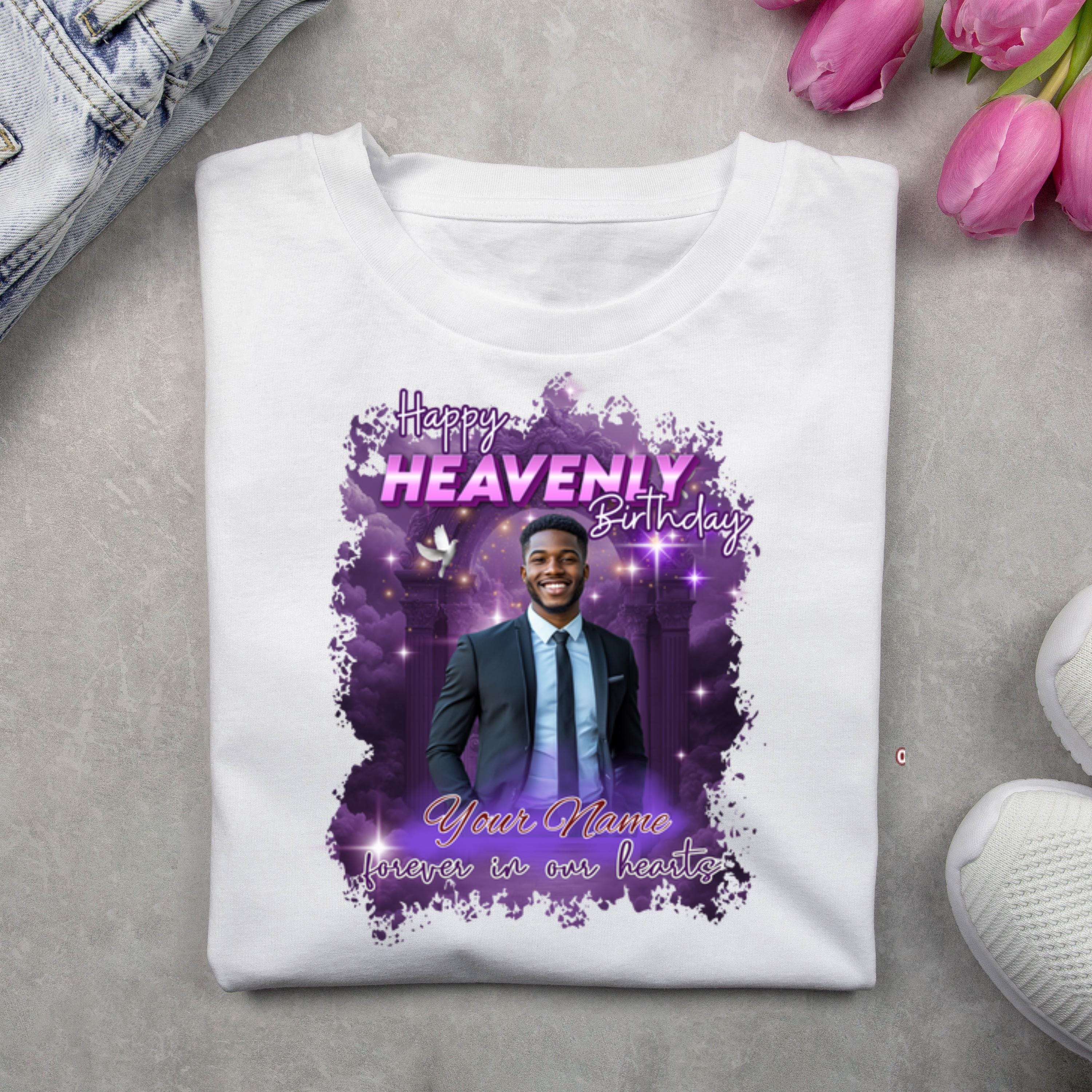 16 Happy Heavenly Purple Birthday Memorial T Shirt Editable Templates, In Loving Memory Editable Templates, Memorial Canva T Shirt Template - Editable Memorial Canva Template