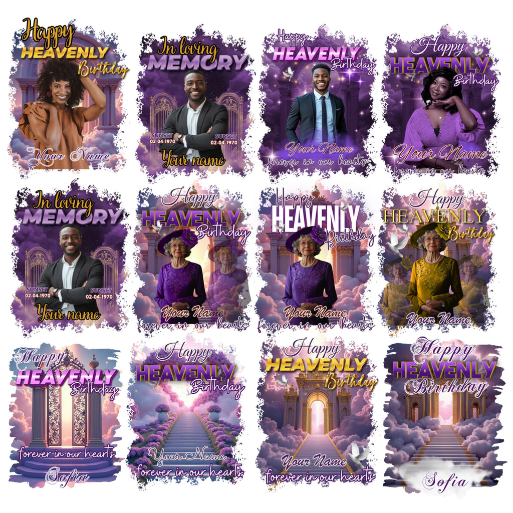 16 Happy Heavenly Purple Birthday Memorial T Shirt Editable Templates, In Loving Memory Editable Templates, Memorial Canva T Shirt Template - Editable Memorial Canva Template