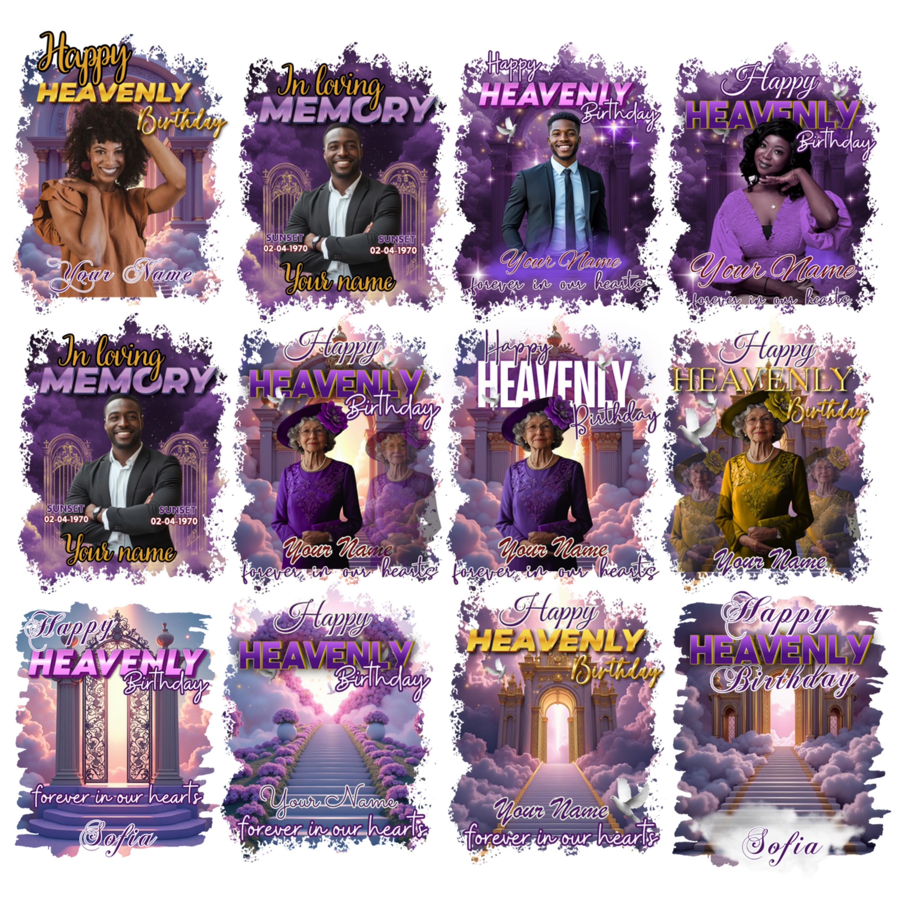 16 Happy Heavenly Purple Birthday Memorial T Shirt Editable Templates, In Loving Memory Editable Templates, Memorial Canva T Shirt Template - Editable Memorial Canva Template