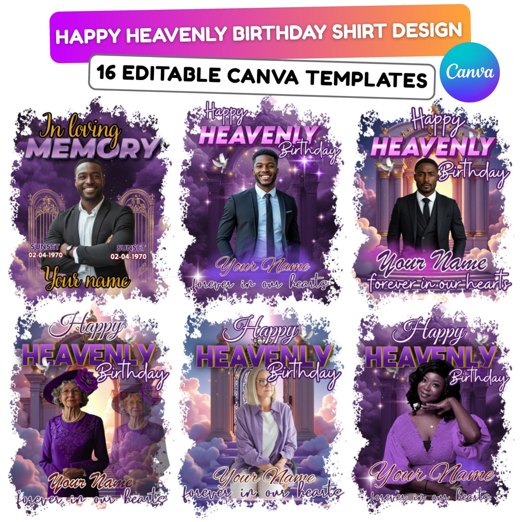 16 Happy Heavenly Purple Birthday Memorial T Shirt Editable Templates, In Loving Memory Editable Templates, Memorial Canva T Shirt Template - Editable Memorial Canva Template
