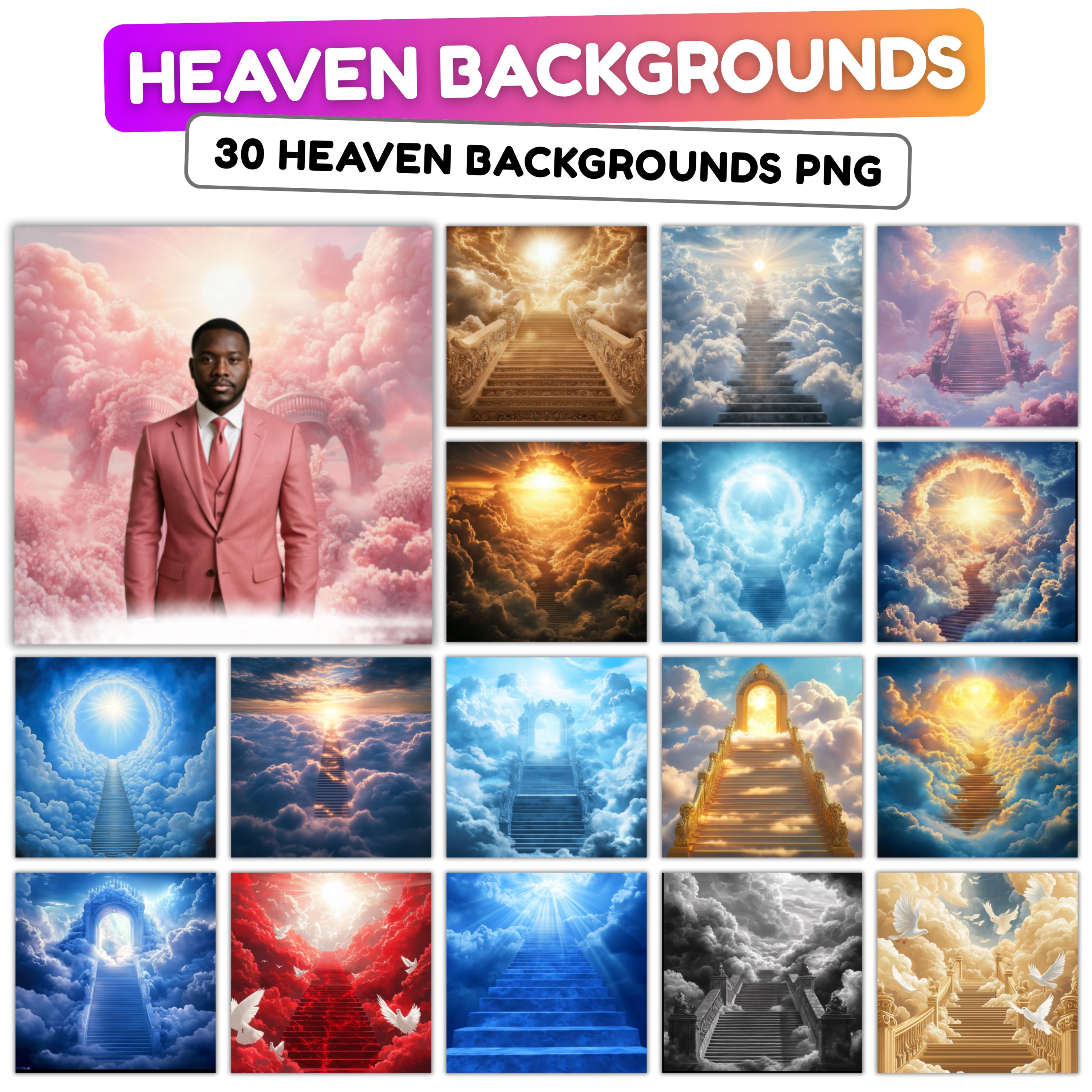 30 Memorial Heaven Backgrounds Png Bundle, Memorial Backgrounds, In Loving Memory Backgrounds, Heaven Stair Steps & Gate, Rest In Peace - Editable Memorial Canva Template