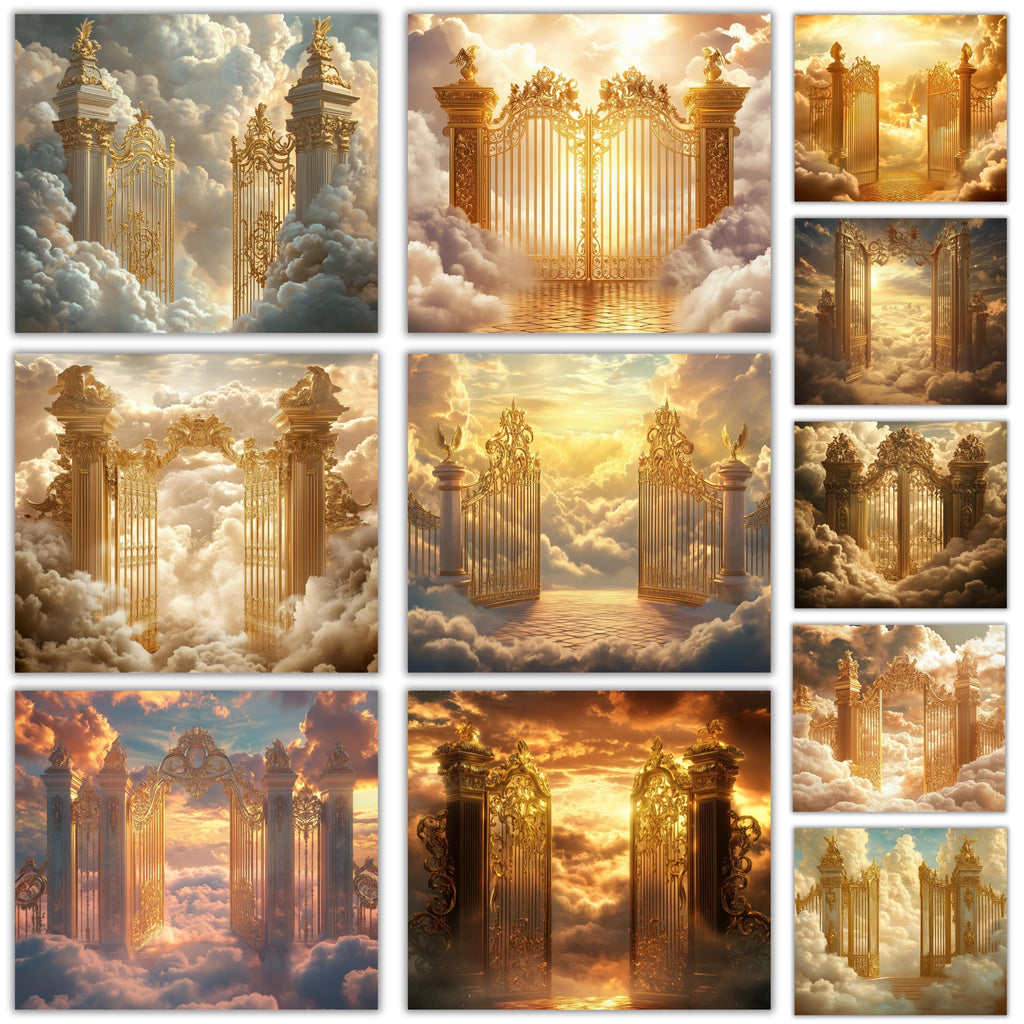 20 Golden Memorial Heaven Backgrounds Png Bundle, Memorial Background, In Loving Memory Background, Heaven Stair Steps & Gate, Rest In Peace - Editable Memorial Canva Template