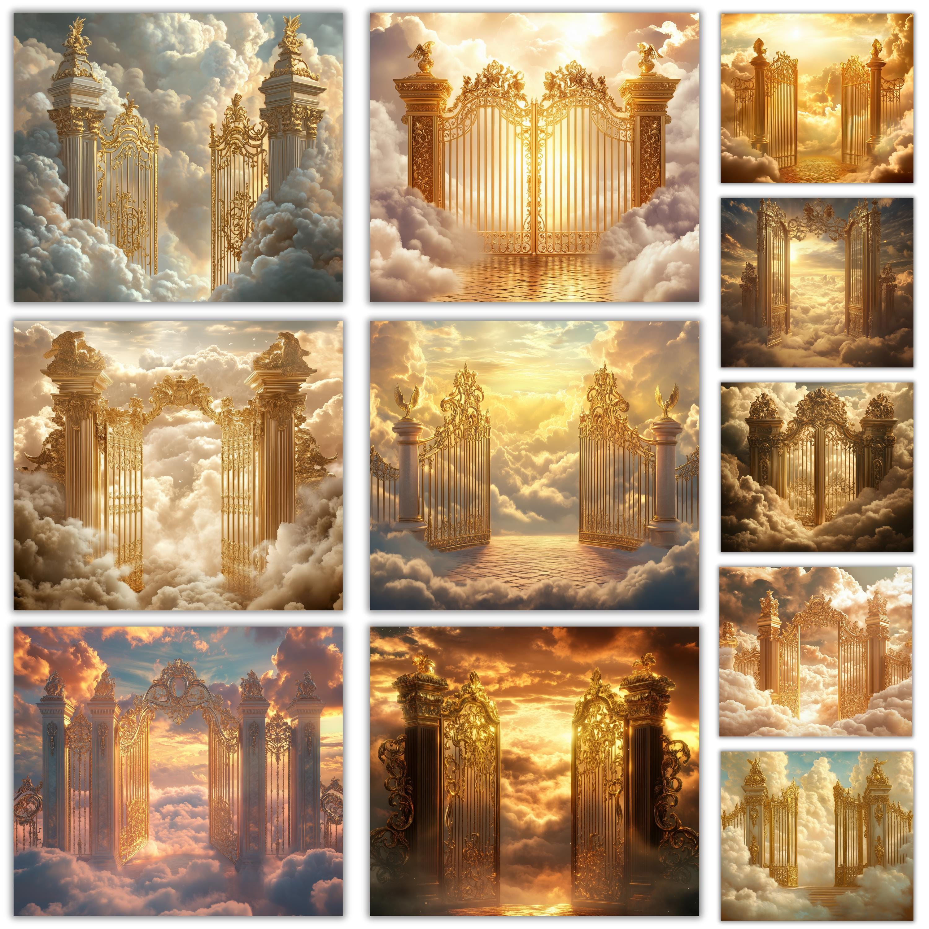 20 Golden Memorial Heaven Backgrounds Png Bundle, Memorial Background, In Loving Memory Background, Heaven Stair Steps & Gate, Rest In Peace - Editable Memorial Canva Template