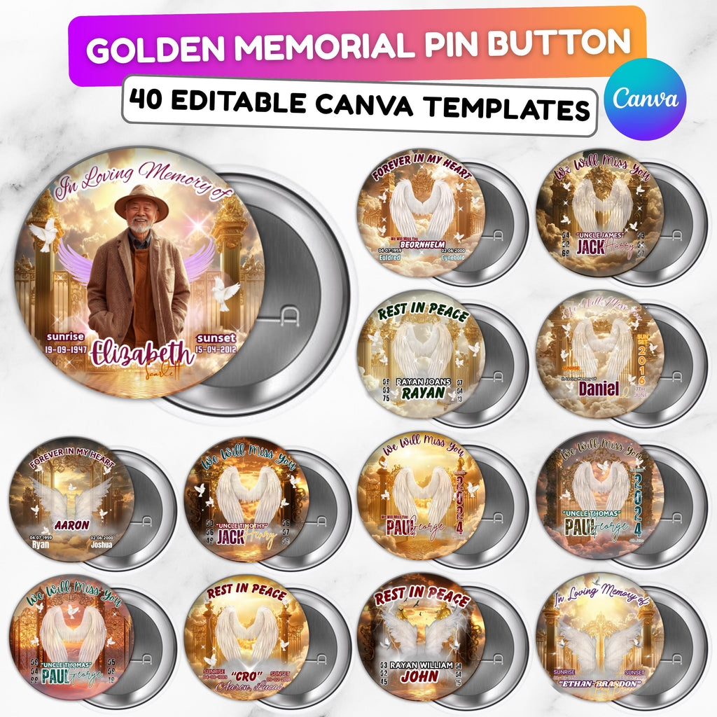 40 In Loving Memory Golden Pin Button Canva Editable Templates, Memorial Pin Button Canva Design, Rest in Peace Pin Button, Digital Download - Editable Memorial Canva Template