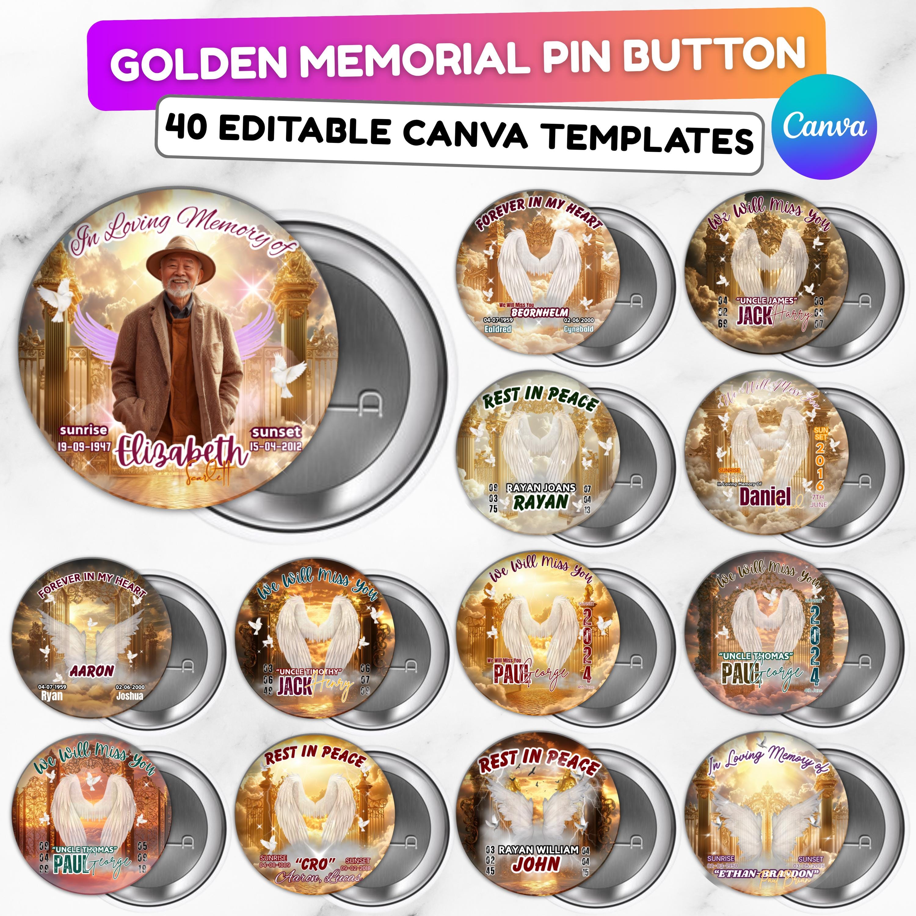40 In Loving Memory Golden Pin Button Canva Editable Templates, Memorial Pin Button Canva Design, Rest in Peace Pin Button, Digital Download - Editable Memorial Canva Template
