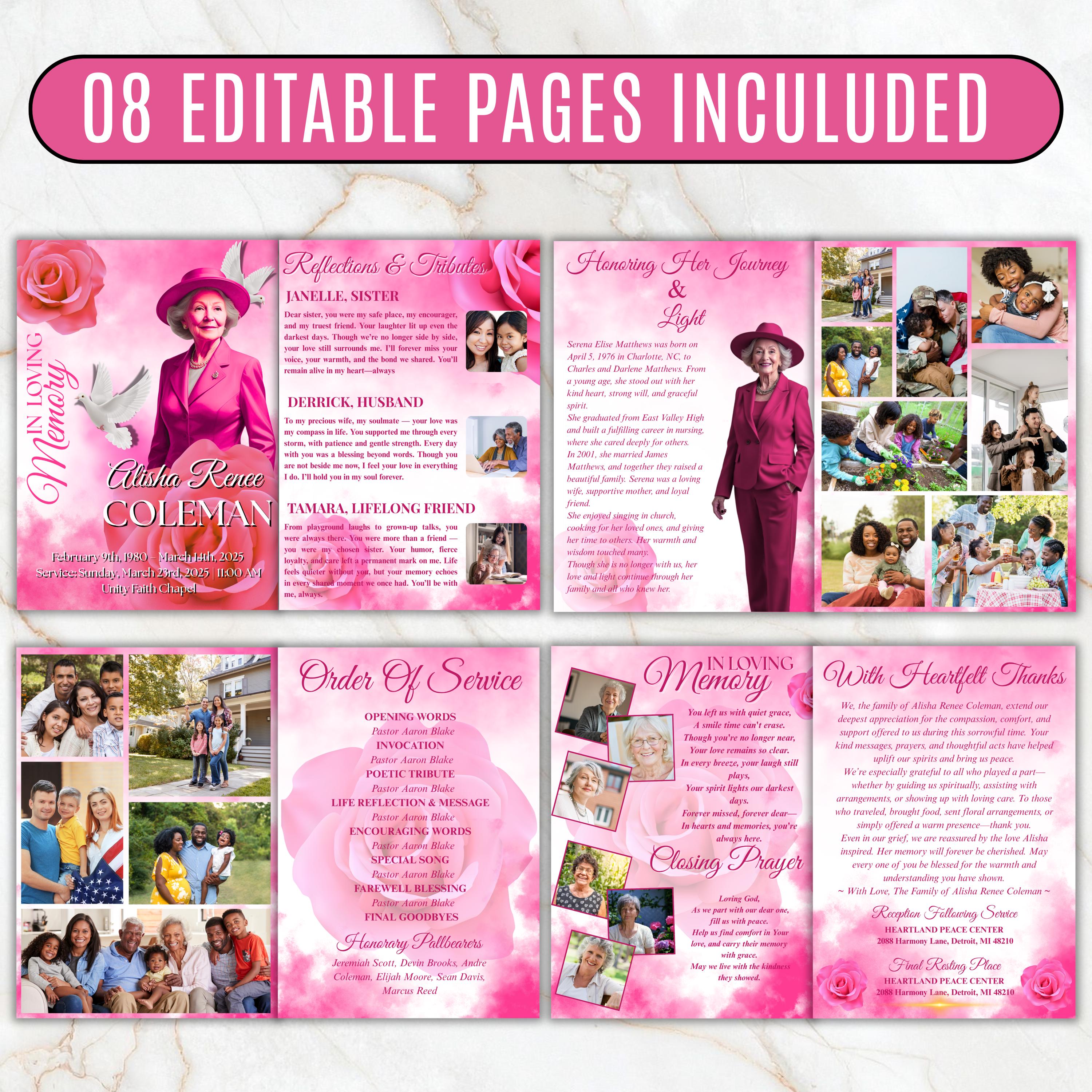 08 Pages Pink Funeral Program Template, Bi-Fold Funeral Program, Obituary Celebration Of Life Program, Digital Download - Editable Memorial Canva Template