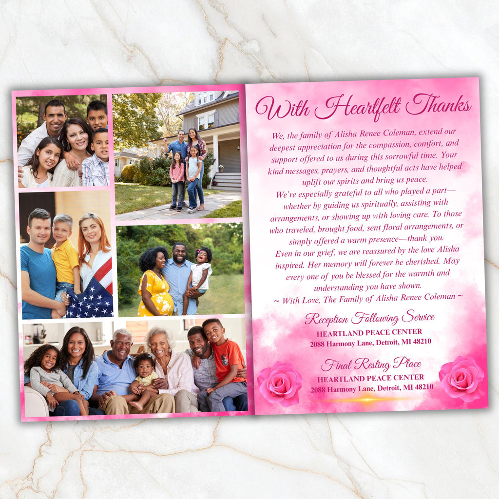 08 Pages Pink Funeral Program Template, Bi-Fold Funeral Program, Obituary Celebration Of Life Program, Digital Download - Editable Memorial Canva Template