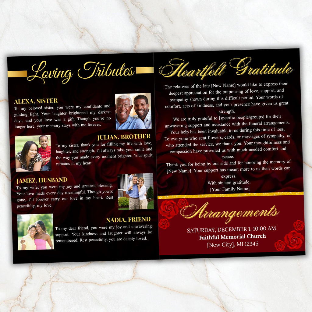 08 Pages Red Funeral Program Template, Bi-Fold Funeral Program, Obituary Celebration Of Life Program, Digital Download - Editable Memorial Canva Template