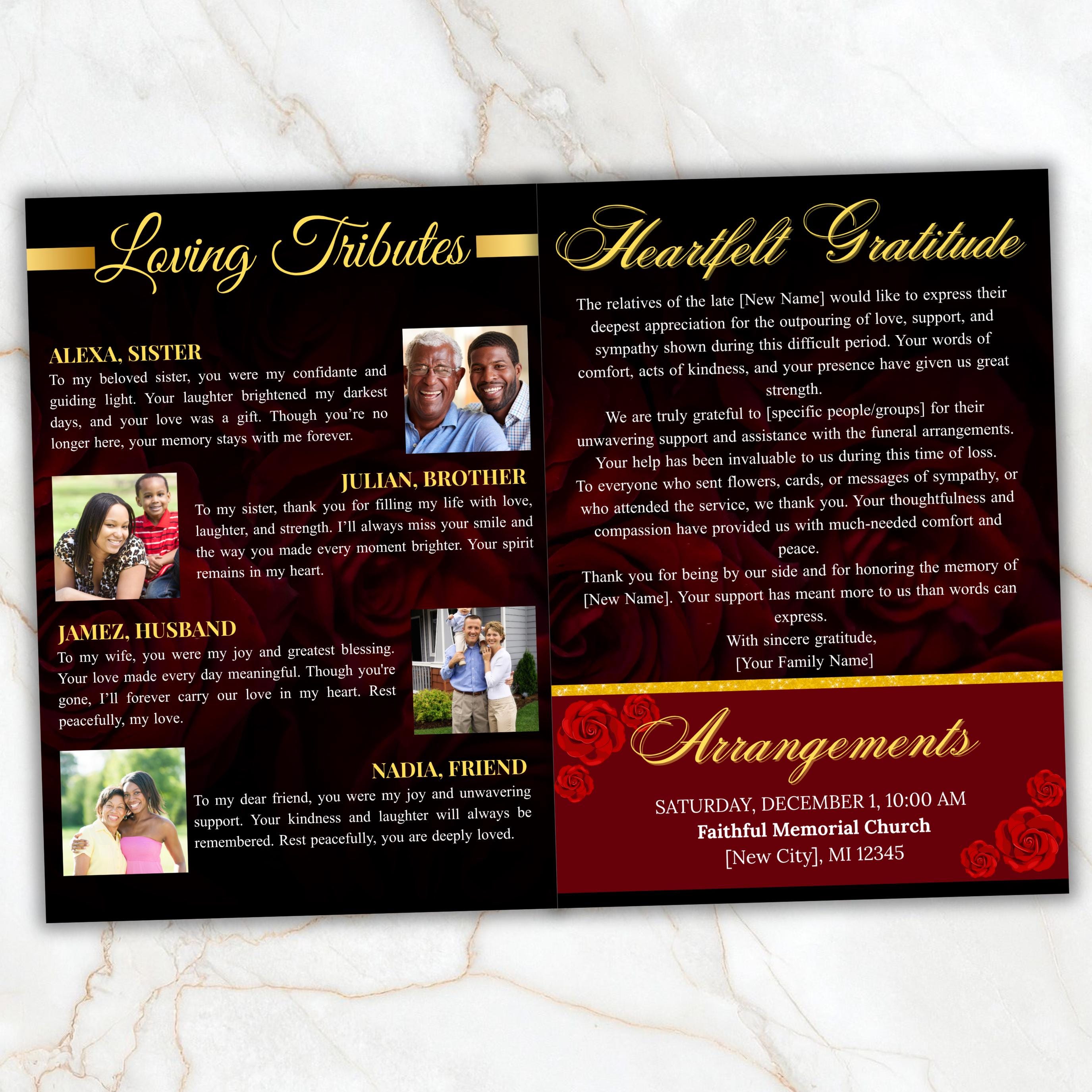 08 Pages Red Funeral Program Template, Bi-Fold Funeral Program, Obituary Celebration Of Life Program, Digital Download - Editable Memorial Canva Template