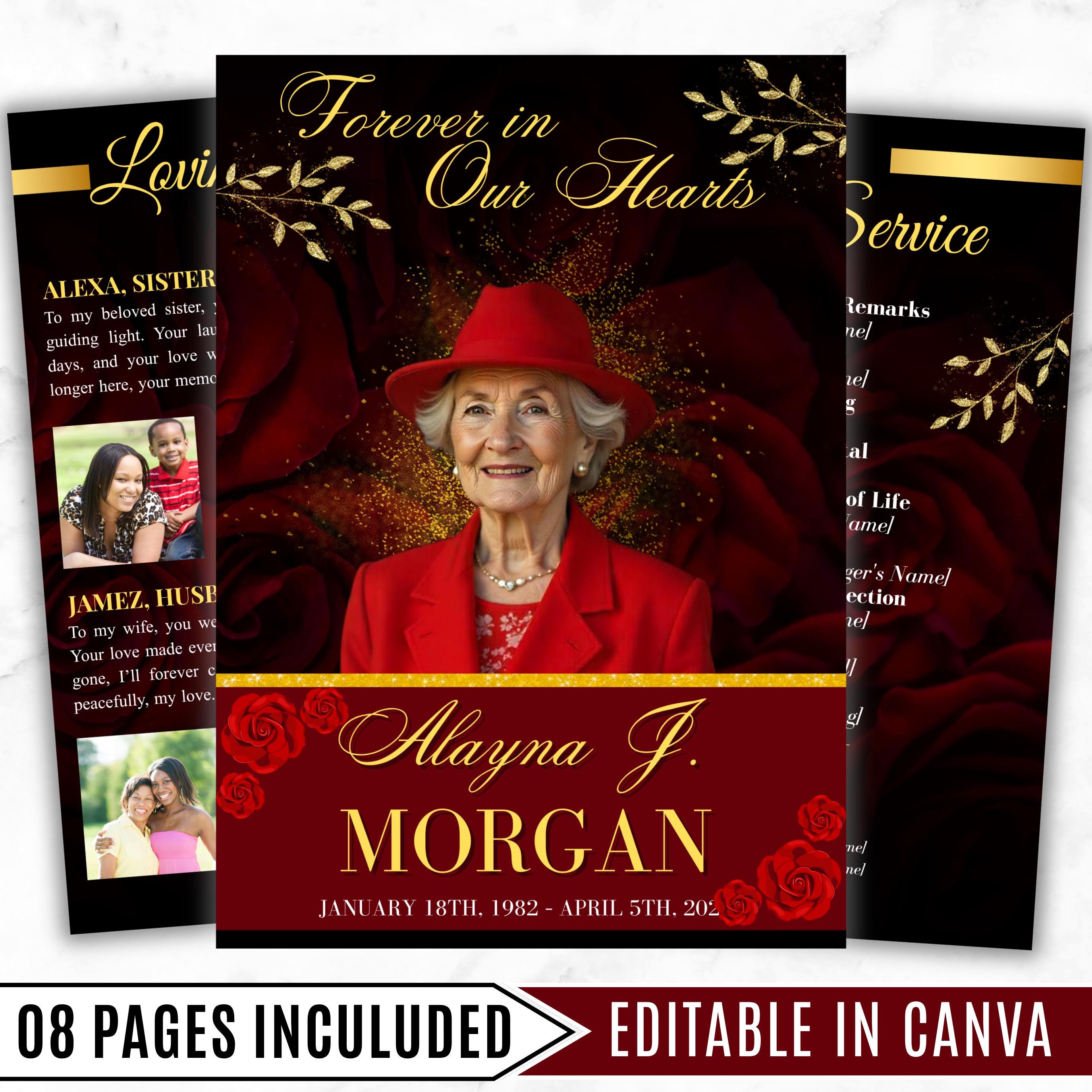 08 Pages Red Funeral Program Template, Bi-Fold Funeral Program, Obituary Celebration Of Life Program, Digital Download - Editable Memorial Canva Template