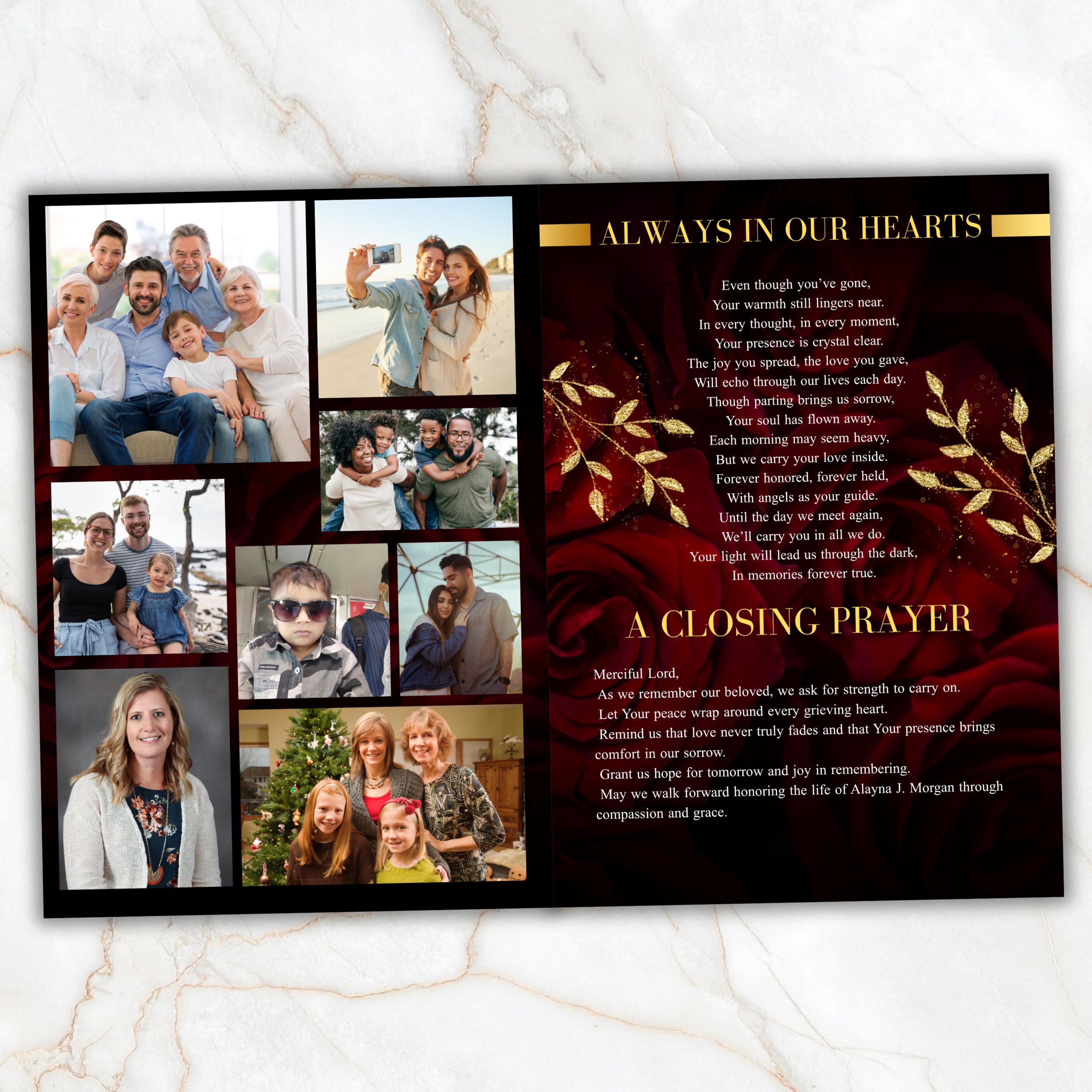 08 Pages Red Funeral Program Template, Bi-Fold Funeral Program, Obituary Celebration Of Life Program, Digital Download - Editable Memorial Canva Template