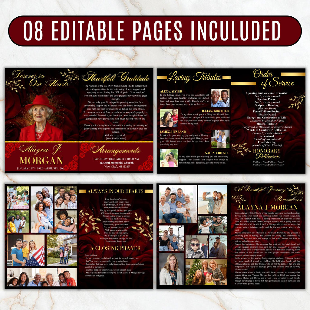 08 Pages Red Funeral Program Template, Bi-Fold Funeral Program, Obituary Celebration Of Life Program, Digital Download - Editable Memorial Canva Template