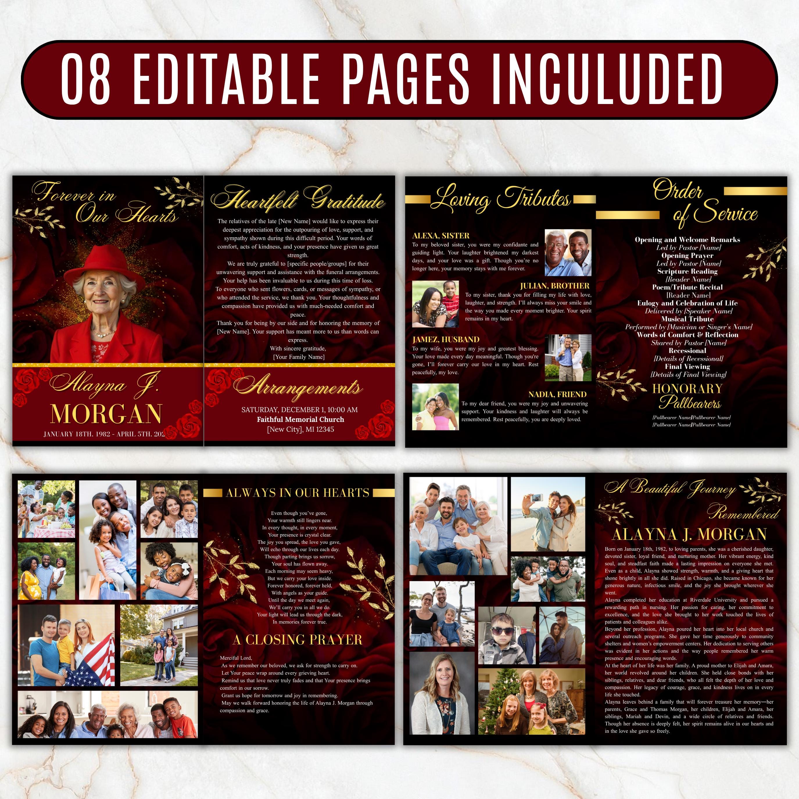 08 Pages Red Funeral Program Template, Bi-Fold Funeral Program, Obituary Celebration Of Life Program, Digital Download - Editable Memorial Canva Template