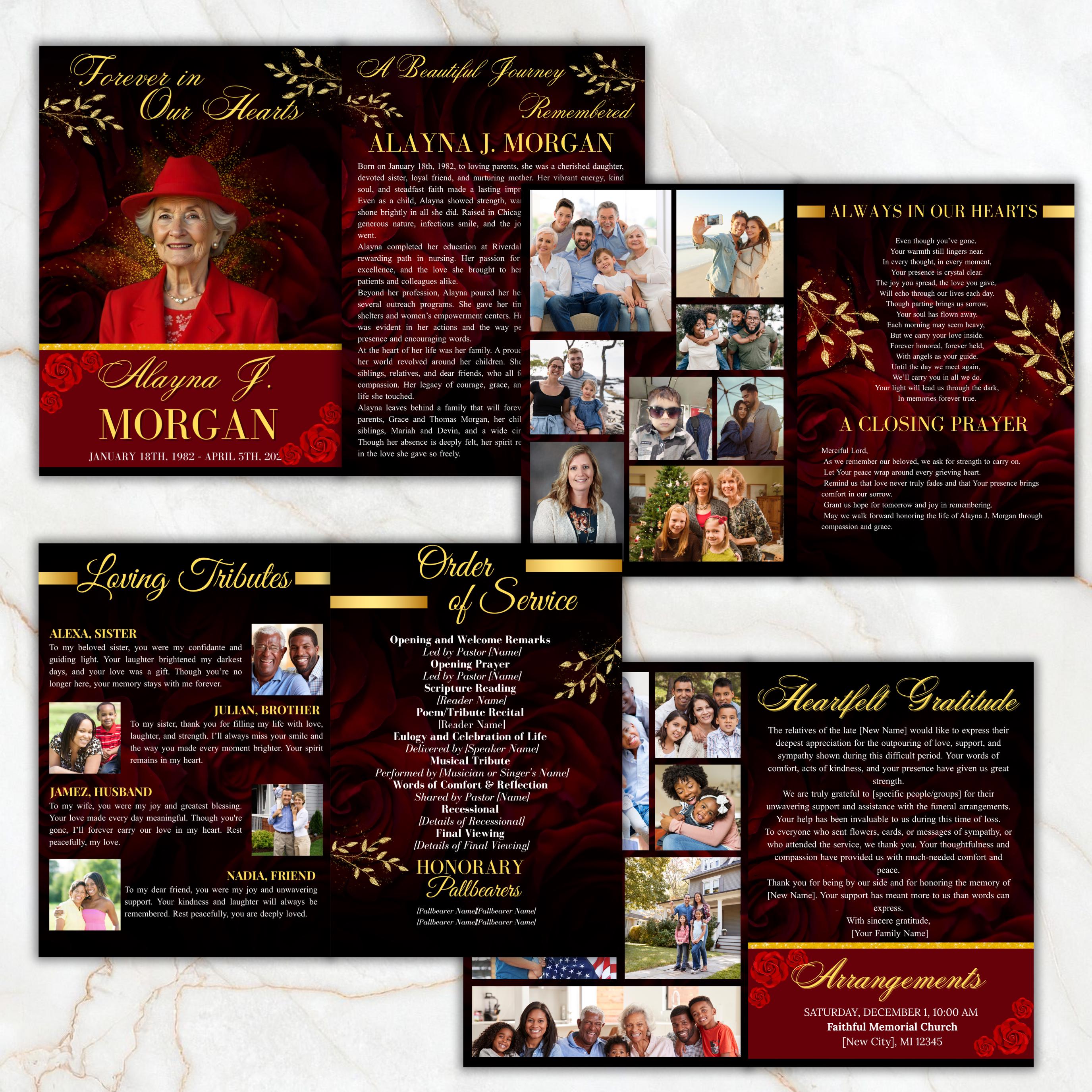 08 Pages Red Funeral Program Template, Bi-Fold Funeral Program, Obituary Celebration Of Life Program, Digital Download - Editable Memorial Canva Template