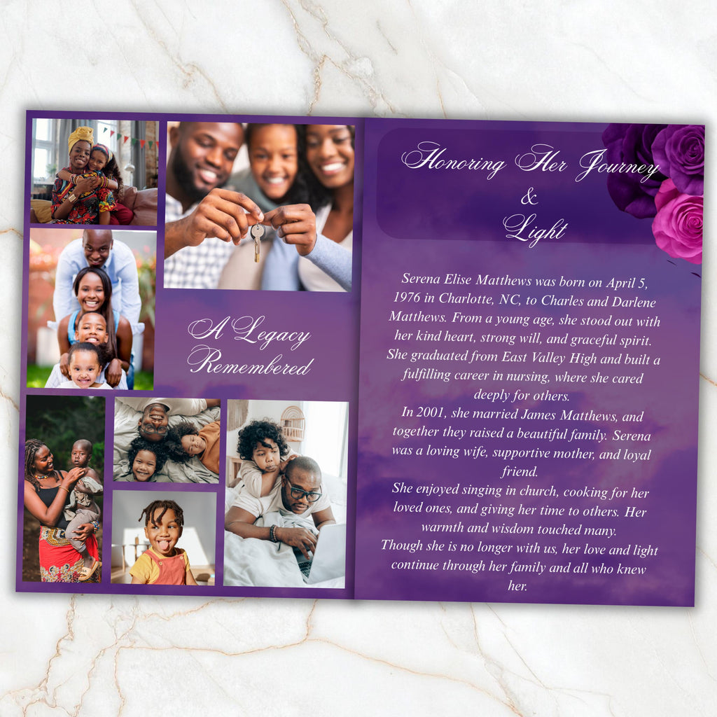 08 Pages Purple Funeral Program Template, Bi-Fold Funeral Program, Obituary Celebration Of Life Program, Digital Download - Editable Memorial Canva Template