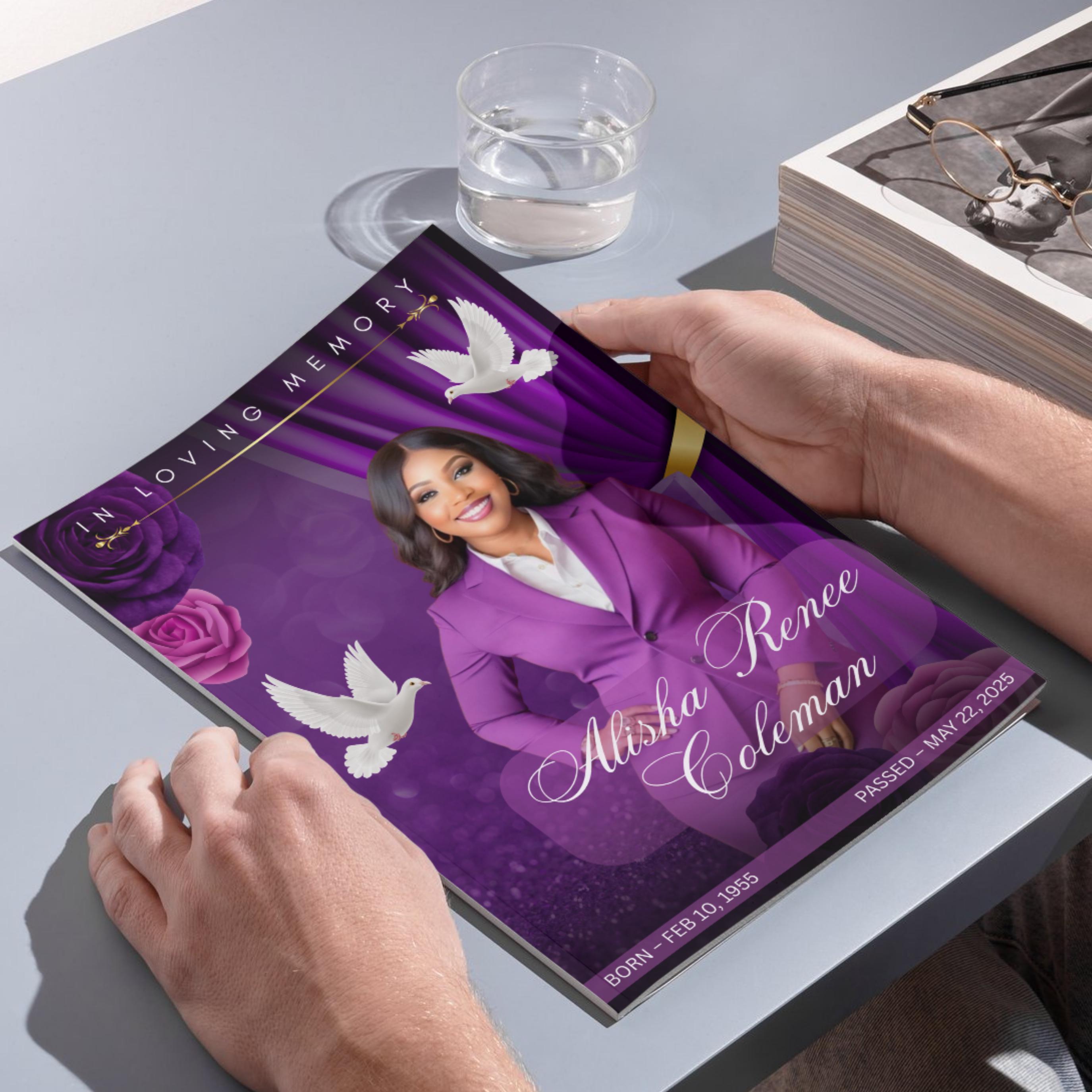 08 Pages Purple Funeral Program Template, Bi-Fold Funeral Program, Obituary Celebration Of Life Program, Digital Download - Editable Memorial Canva Template