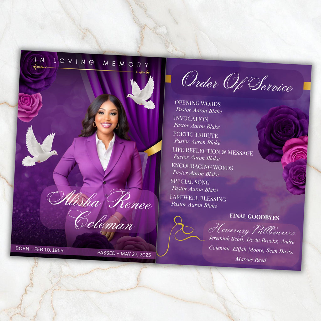 08 Pages Purple Funeral Program Template, Bi-Fold Funeral Program, Obituary Celebration Of Life Program, Digital Download - Editable Memorial Canva Template