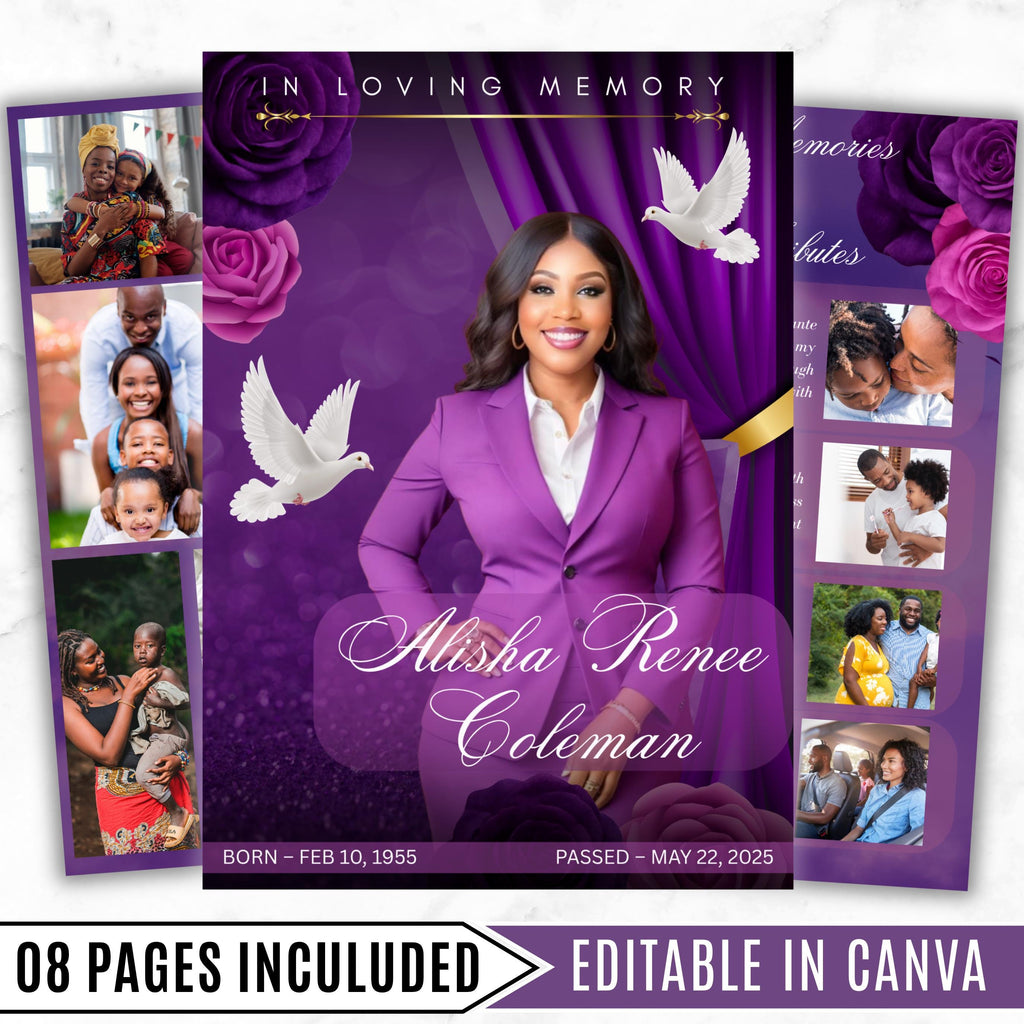 08 Pages Purple Funeral Program Template, Bi-Fold Funeral Program, Obituary Celebration Of Life Program, Digital Download - Editable Memorial Canva Template