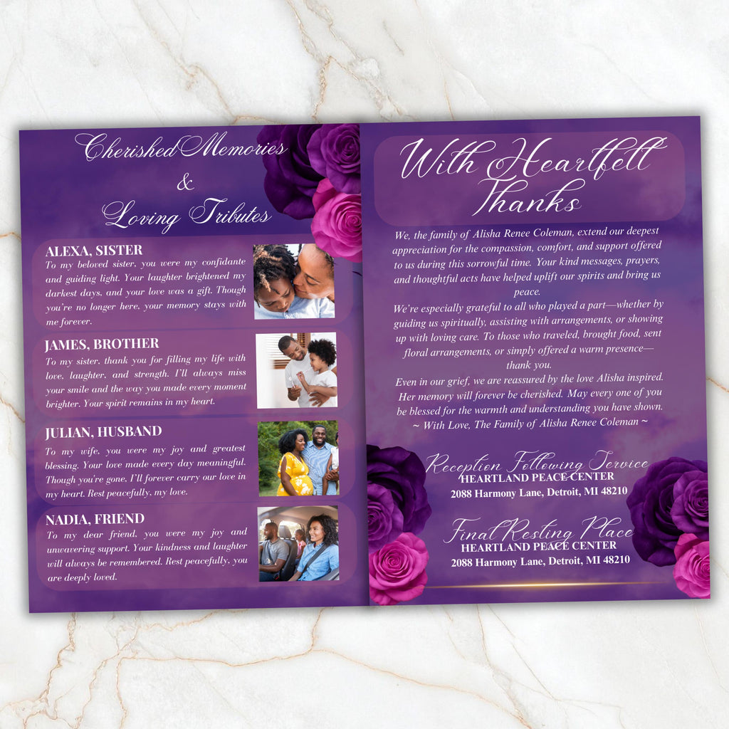 08 Pages Purple Funeral Program Template, Bi-Fold Funeral Program, Obituary Celebration Of Life Program, Digital Download - Editable Memorial Canva Template
