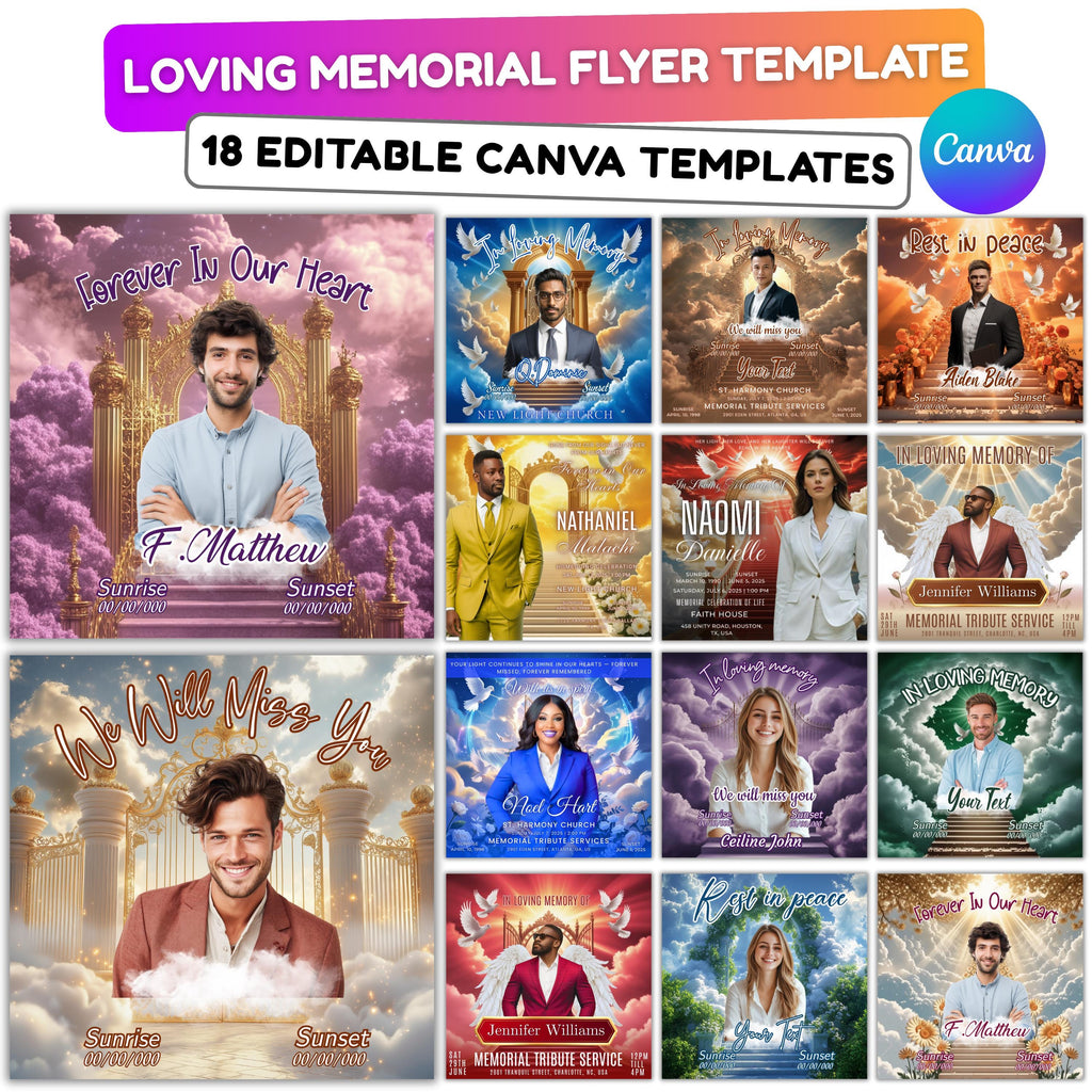 15 Memorial Church Flyer Canva Editable Template, In Loving Memory Flyer, Rest In Piecs Flyer, Funeral Invite Flyer Template - Editable Memorial Canva Template