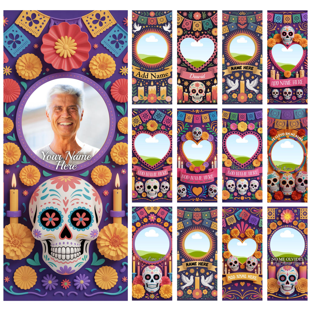 13 Día De Los Muertos Candle Labels, Tall Cylinder Candle Wraps, Editable Canva Memorial Stickers, Funeral Labels Digital Download - Editable Memorial Canva Template