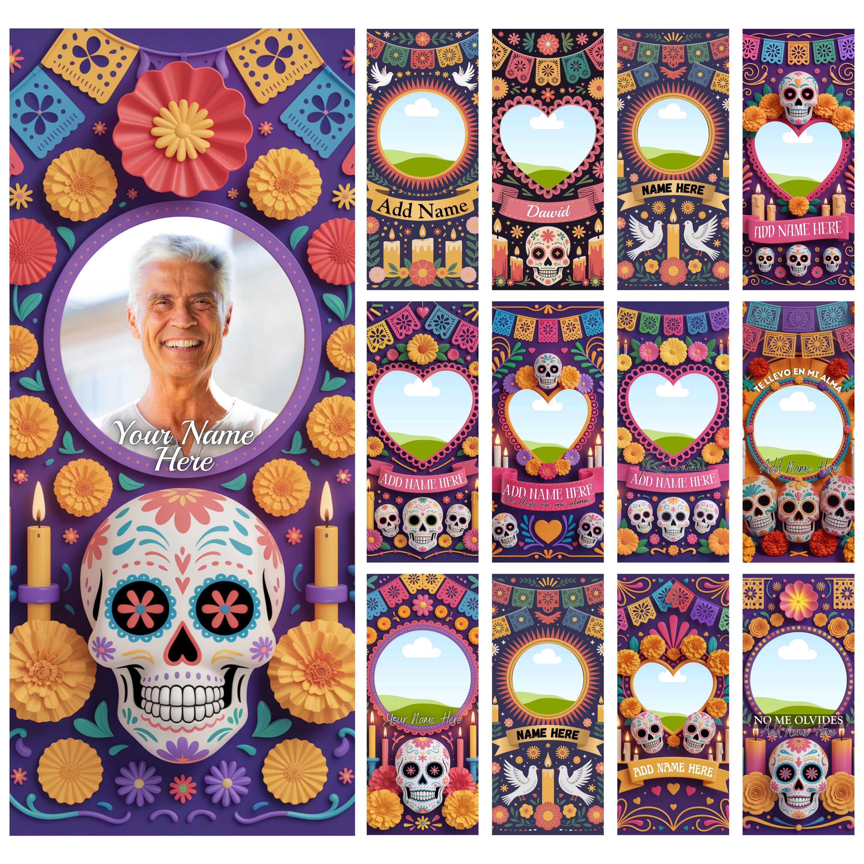 13 Día De Los Muertos Candle Labels, Tall Cylinder Candle Wraps, Editable Canva Memorial Stickers, Funeral Labels Digital Download - Editable Memorial Canva Template