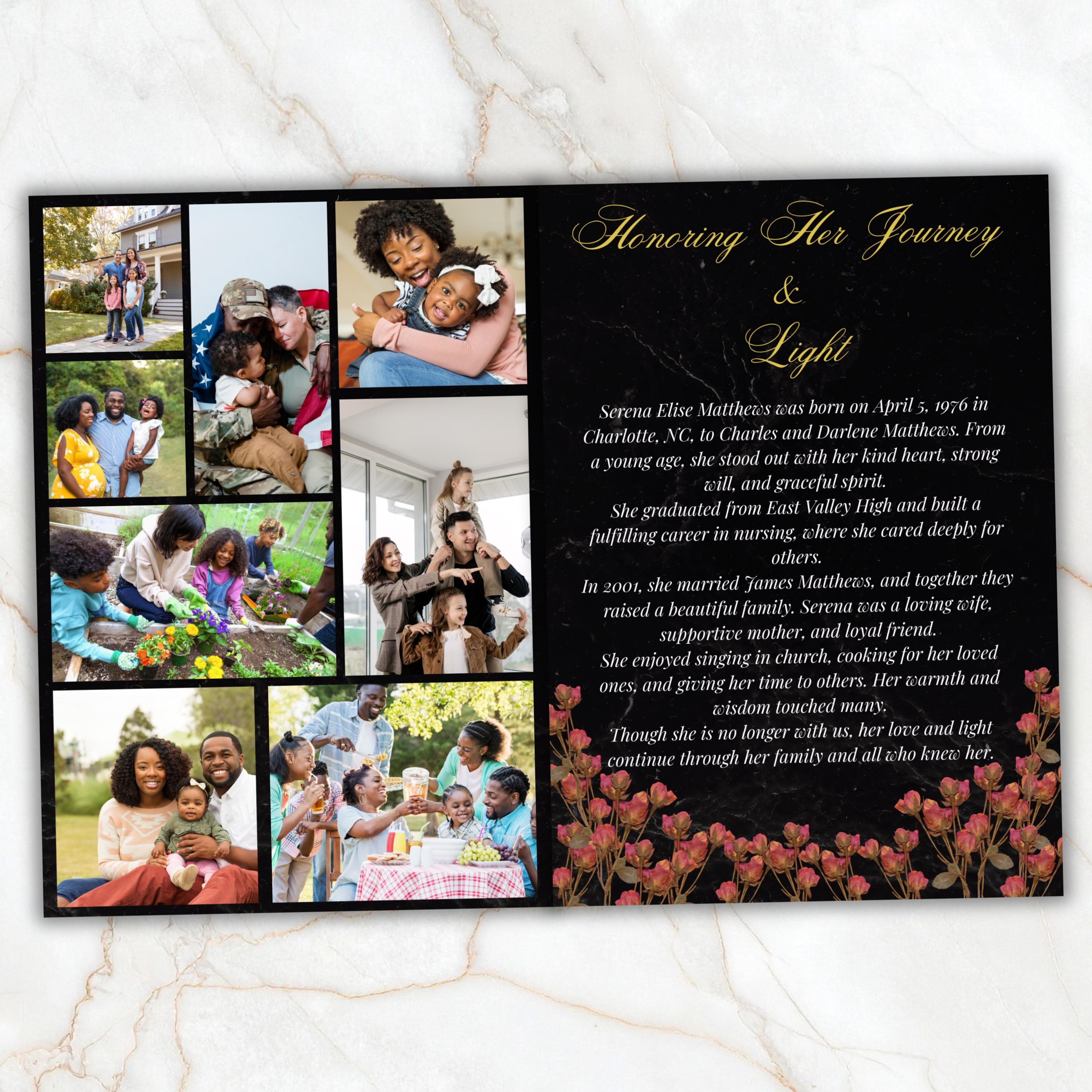 8 Pages Memorial Funeral Program Edtiable Template, In Loving Memory Black Canva Template, Obituary Celebration Of Life Program - Editable Memorial Canva Template