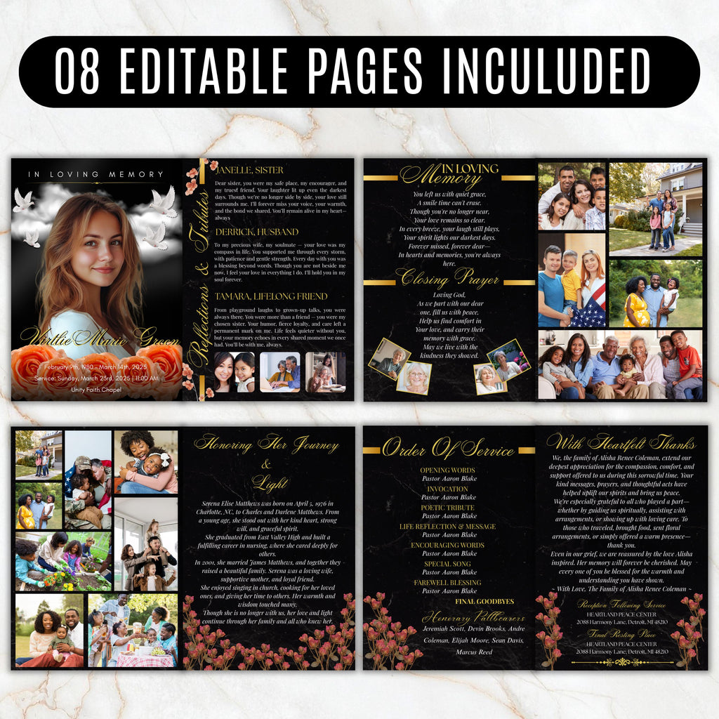 8 Pages Memorial Funeral Program Edtiable Template, In Loving Memory Black Canva Template, Obituary Celebration Of Life Program - Editable Memorial Canva Template