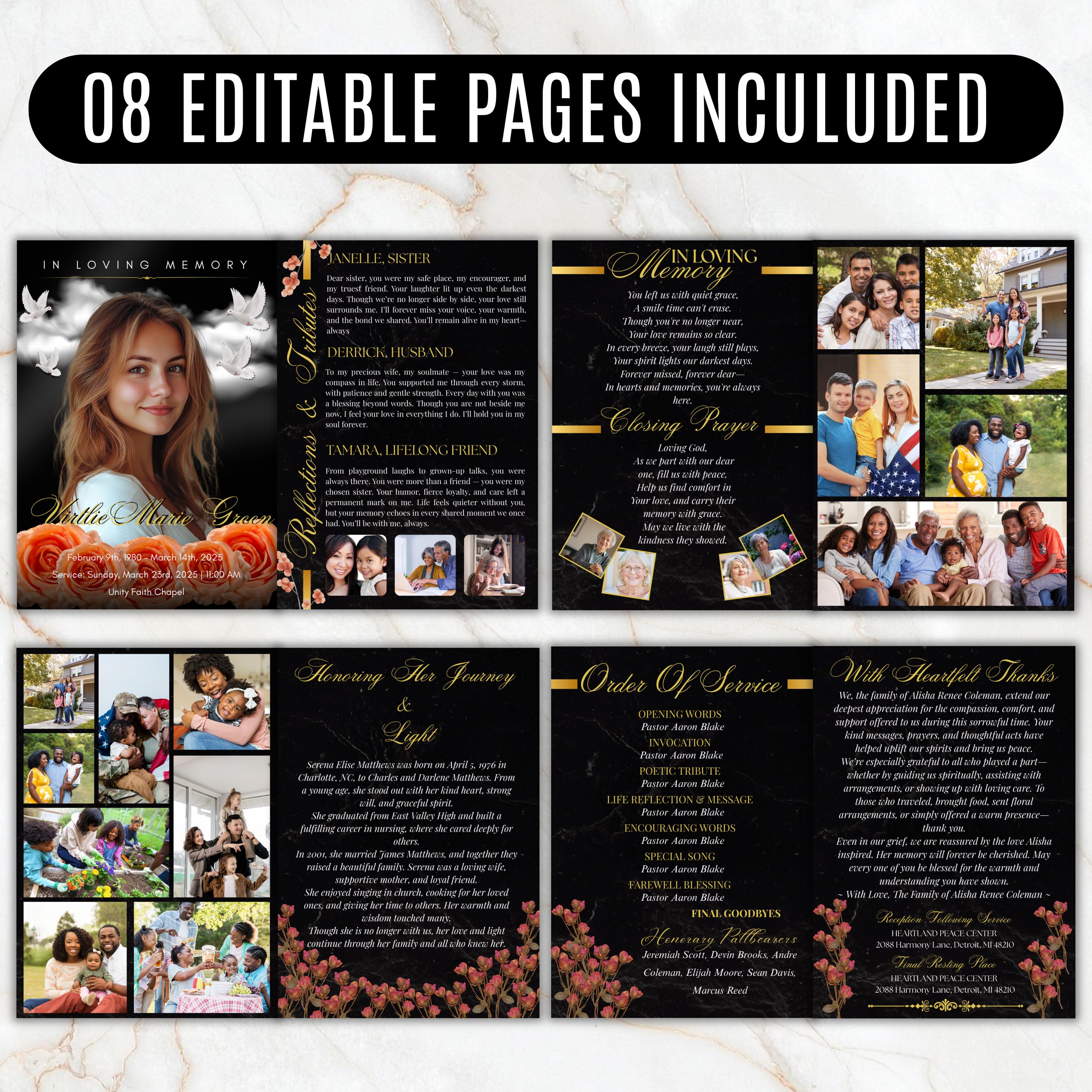 8 Pages Memorial Funeral Program Edtiable Template, In Loving Memory Black Canva Template, Obituary Celebration Of Life Program - Editable Memorial Canva Template