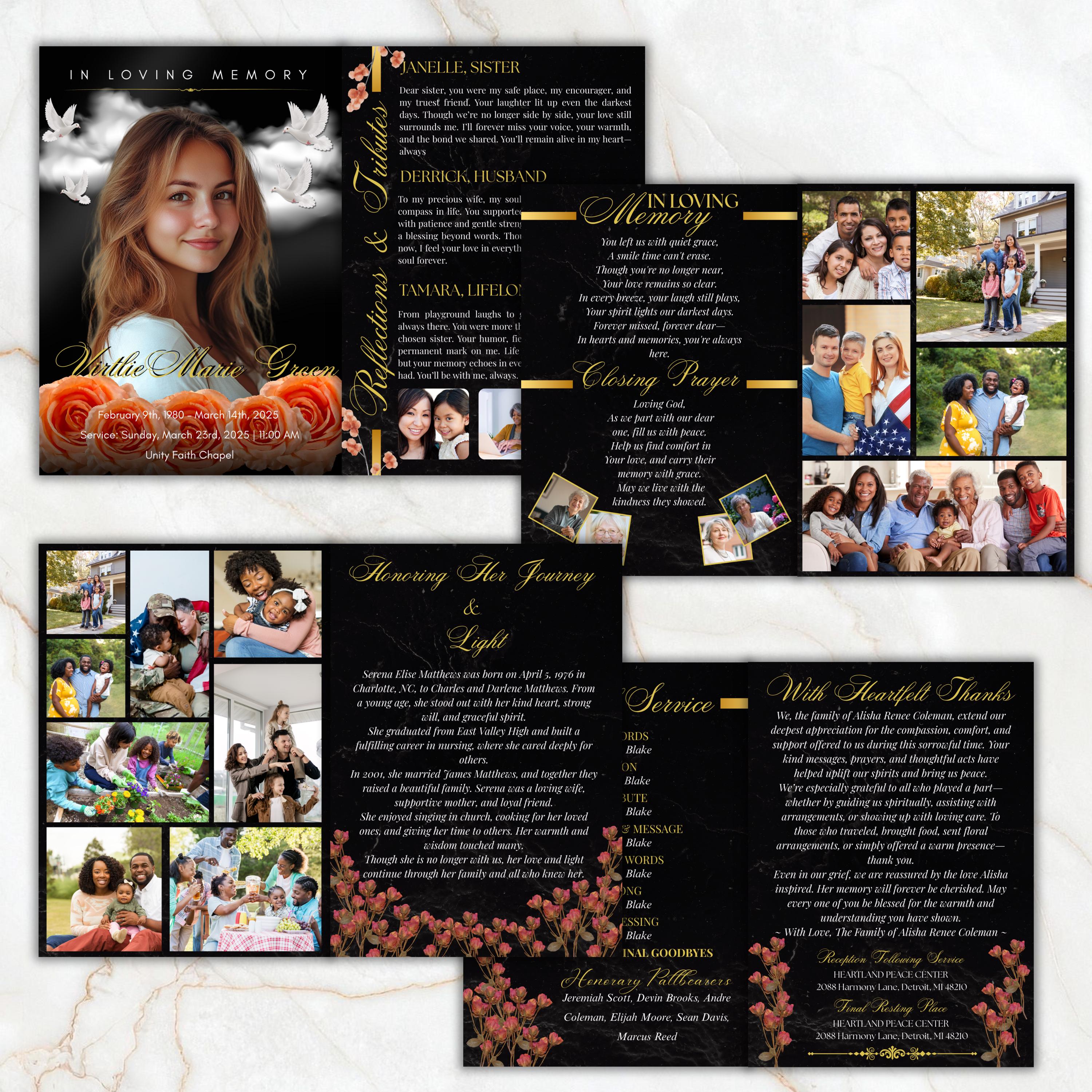 8 Pages Memorial Funeral Program Edtiable Template, In Loving Memory Black Canva Template, Obituary Celebration Of Life Program - Editable Memorial Canva Template