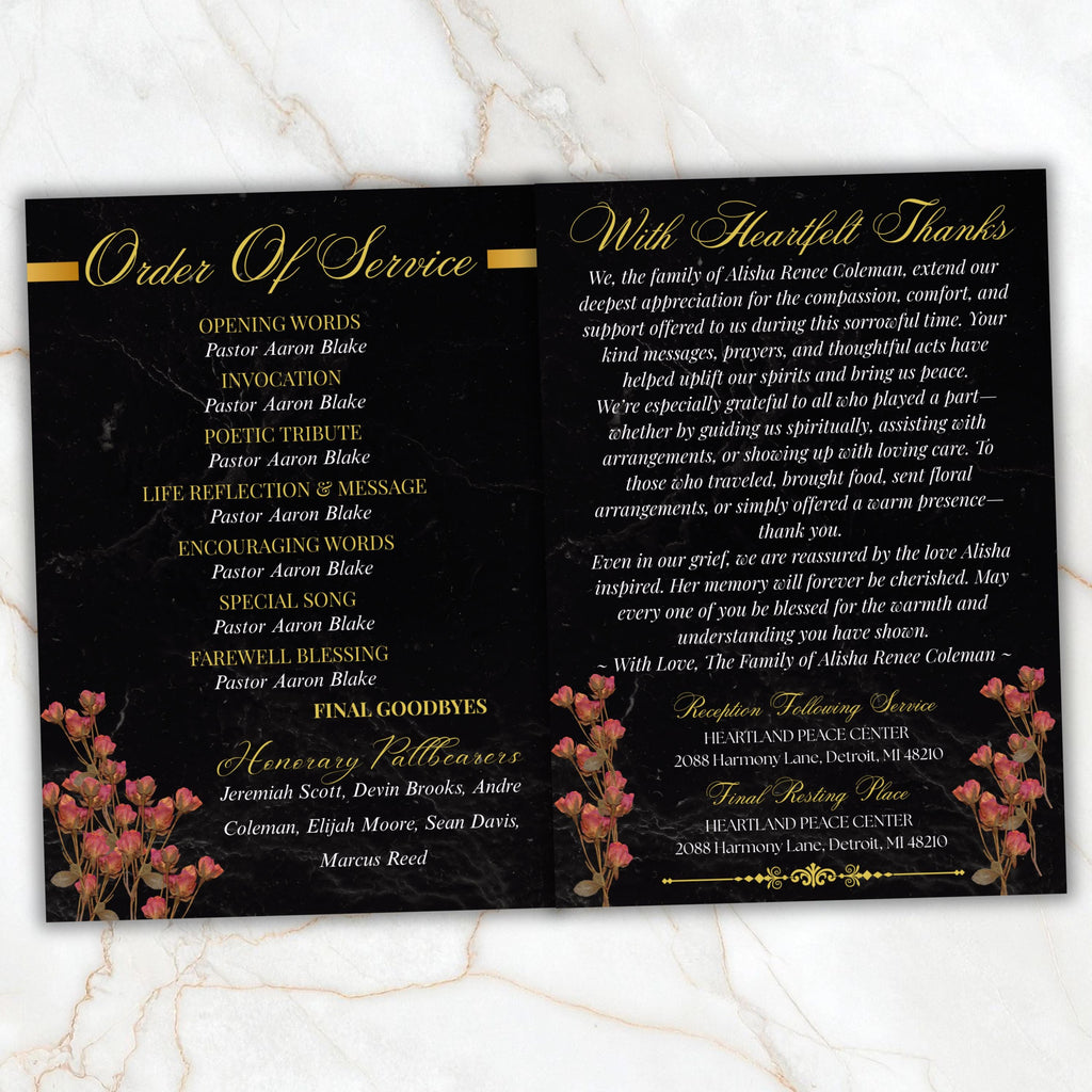8 Pages Memorial Funeral Program Edtiable Template, In Loving Memory Black Canva Template, Obituary Celebration Of Life Program - Editable Memorial Canva Template