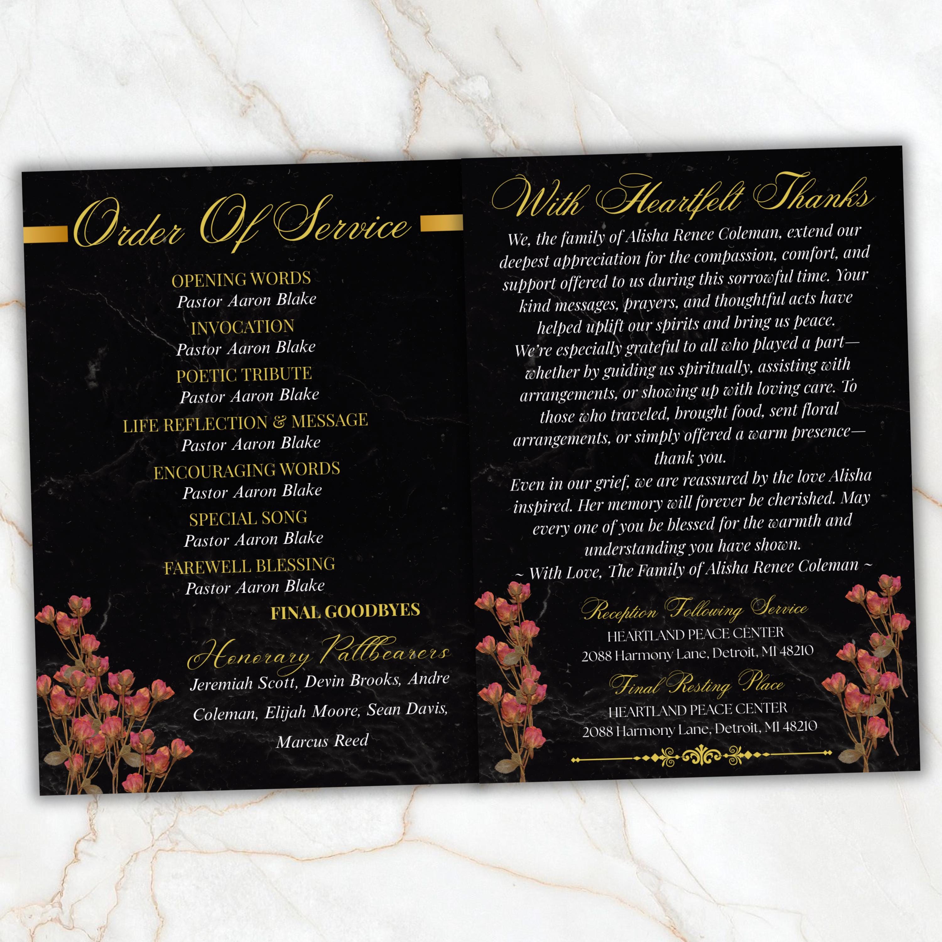 8 Pages Memorial Funeral Program Edtiable Template, In Loving Memory Black Canva Template, Obituary Celebration Of Life Program - Editable Memorial Canva Template