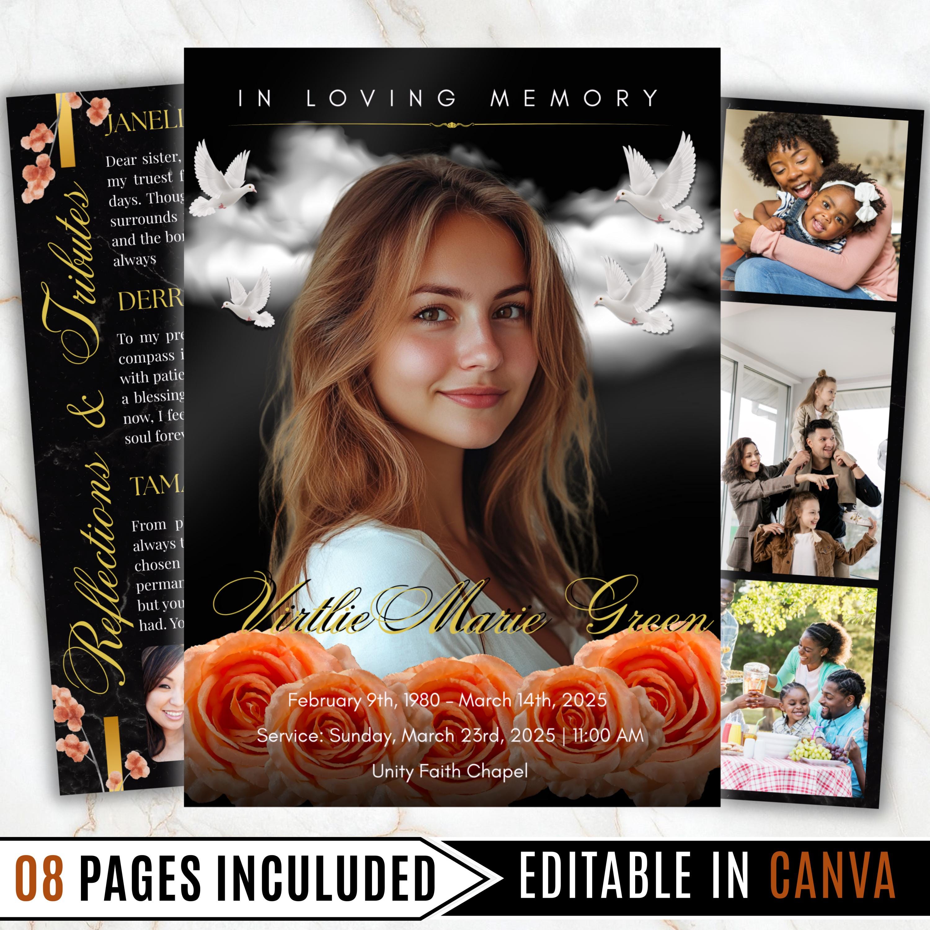 8 Pages Memorial Funeral Program Edtiable Template, In Loving Memory Black Canva Template, Obituary Celebration Of Life Program - Editable Memorial Canva Template