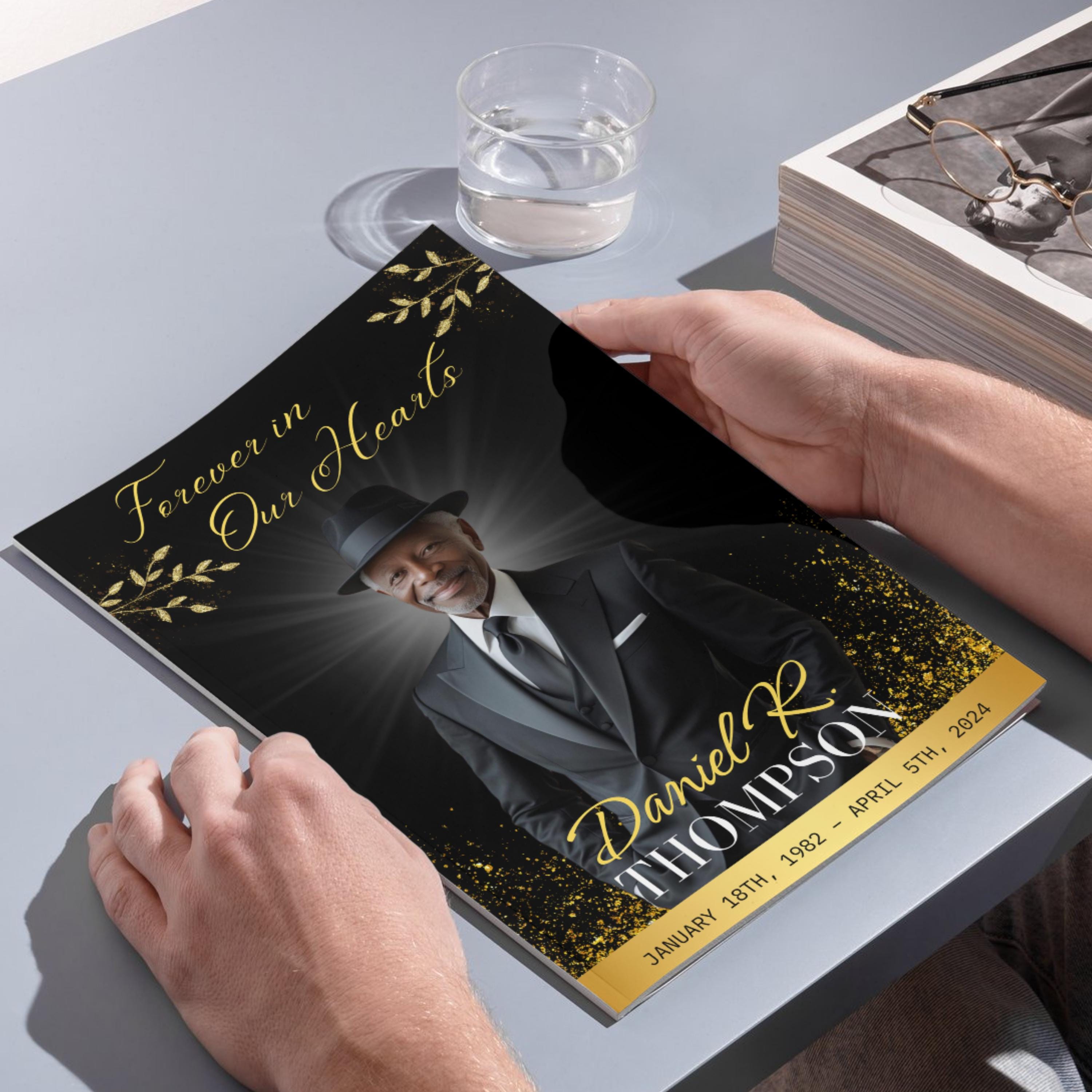 7 Pages Memorial Funeral Program Edtiable Template, In Loving Memory Black Canva Template, Obituary Celebration Of Life Program - Editable Memorial Canva Template