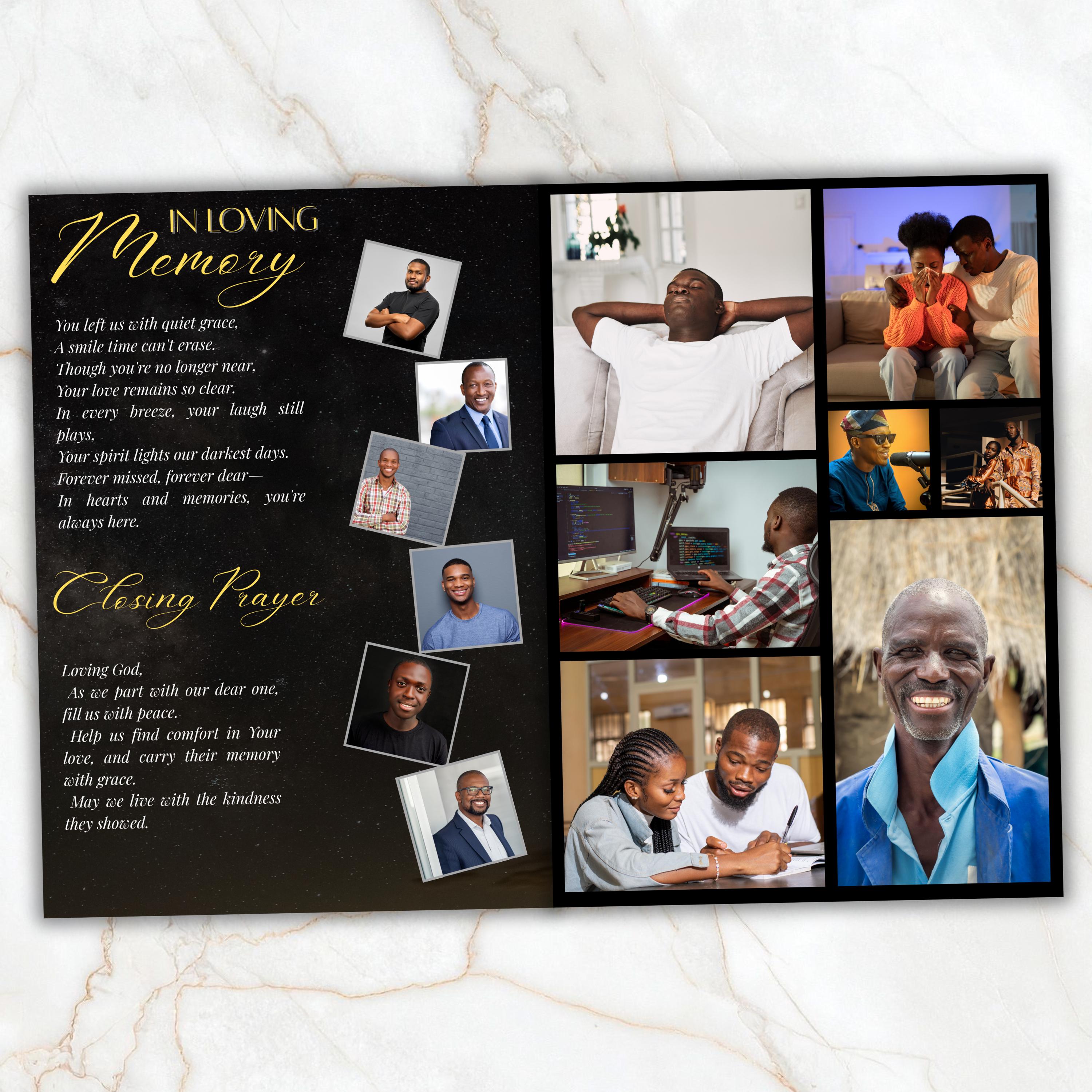 7 Pages Memorial Funeral Program Edtiable Template, In Loving Memory Black Canva Template, Obituary Celebration Of Life Program - Editable Memorial Canva Template
