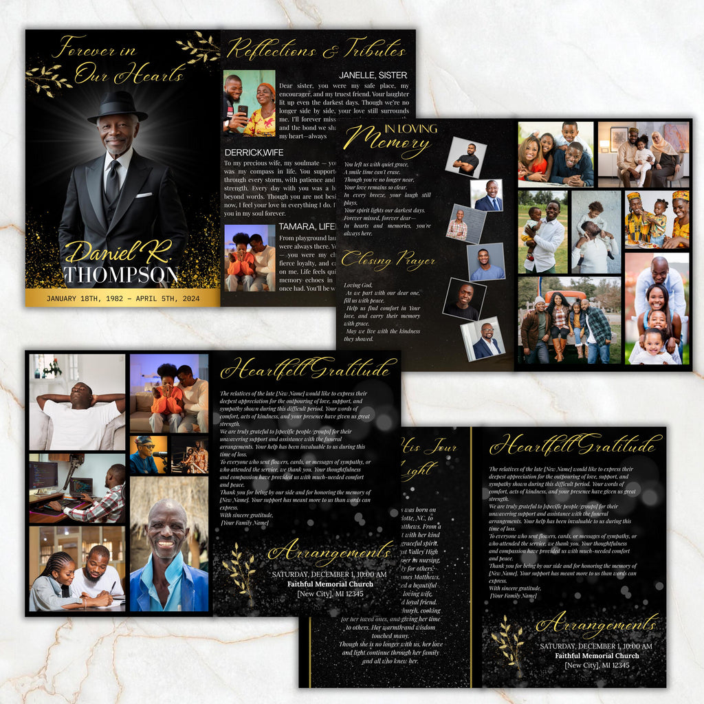7 Pages Memorial Funeral Program Edtiable Template, In Loving Memory Black Canva Template, Obituary Celebration Of Life Program - Editable Memorial Canva Template