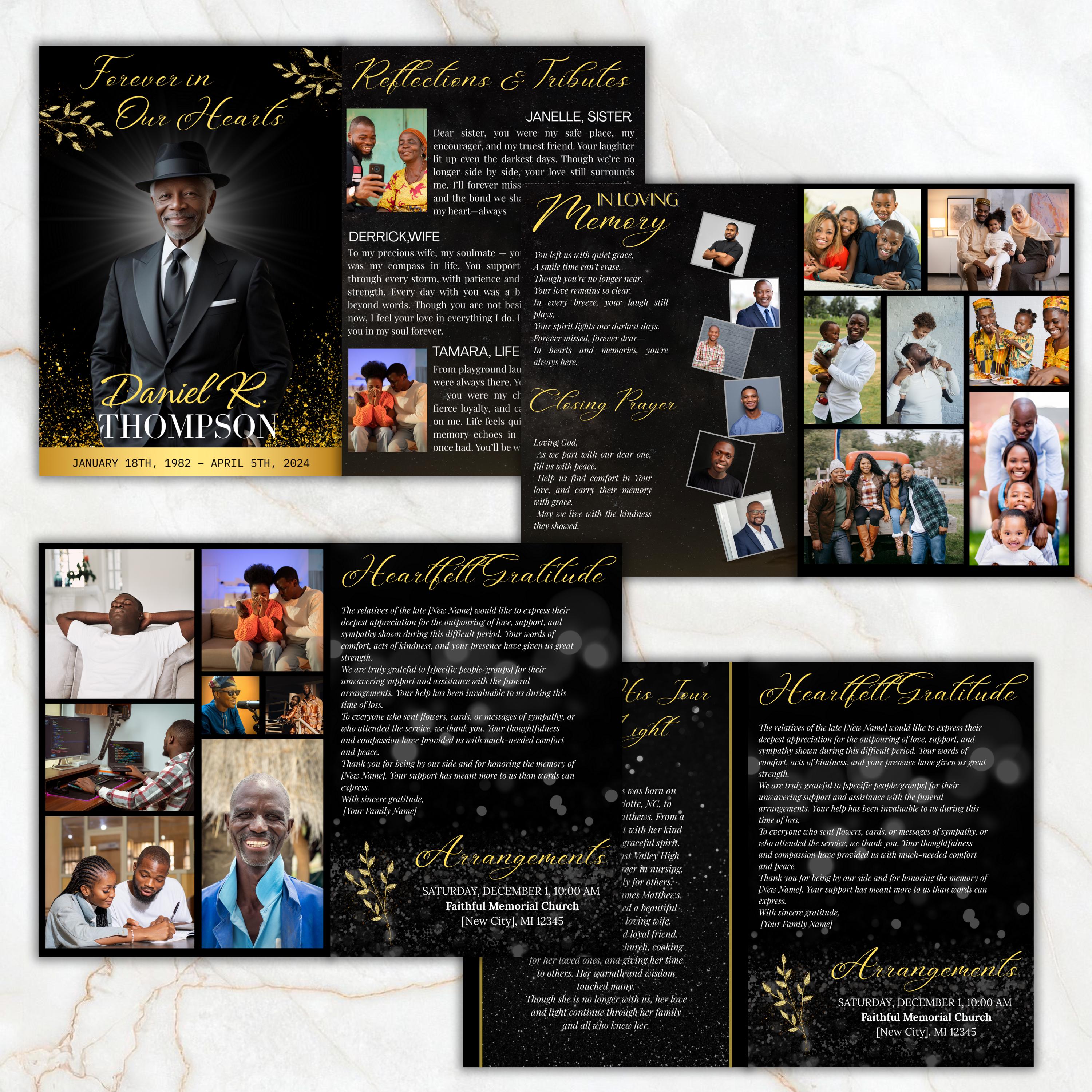 7 Pages Memorial Funeral Program Edtiable Template, In Loving Memory Black Canva Template, Obituary Celebration Of Life Program - Editable Memorial Canva Template
