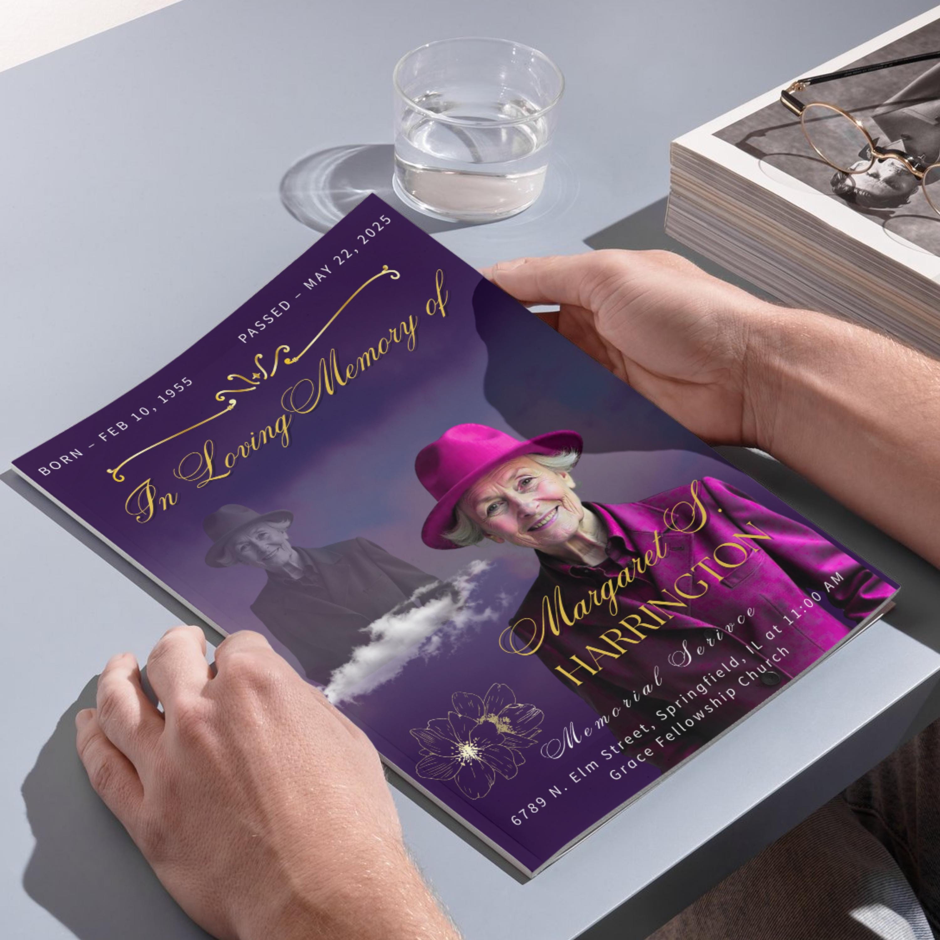 6 Pages Memorial Funeral Program Edtiable Template, In Loving Memory Purple Funeral Canva Template, Obituary Celebration Of Life Program - Editable Memorial Canva Template