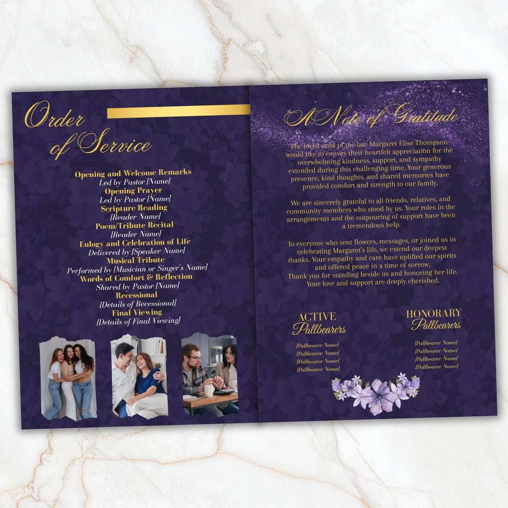 6 Pages Memorial Funeral Program Edtiable Template, In Loving Memory Purple Funeral Canva Template, Obituary Celebration Of Life Program - Editable Memorial Canva Template
