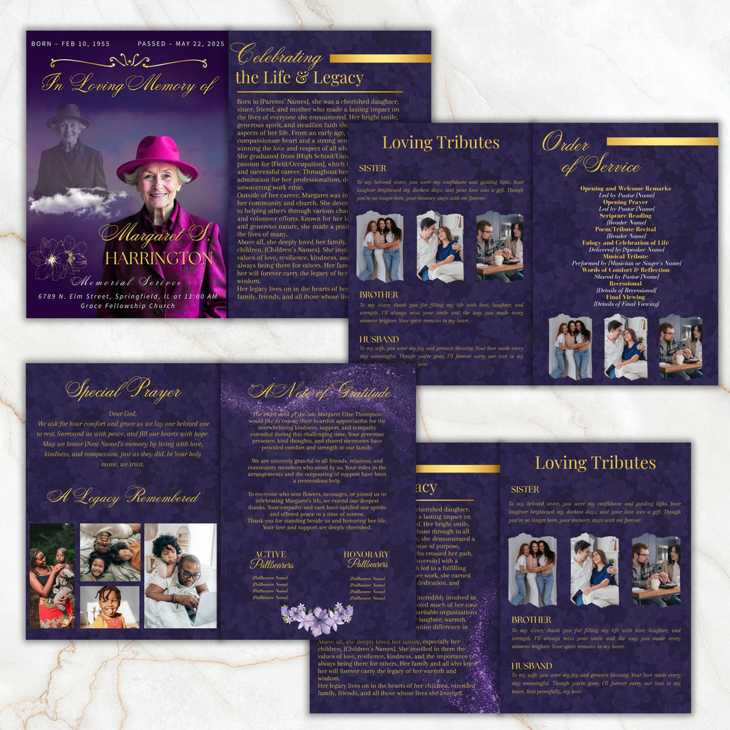 6 Pages Memorial Funeral Program Edtiable Template, In Loving Memory Purple Funeral Canva Template, Obituary Celebration Of Life Program - Editable Memorial Canva Template