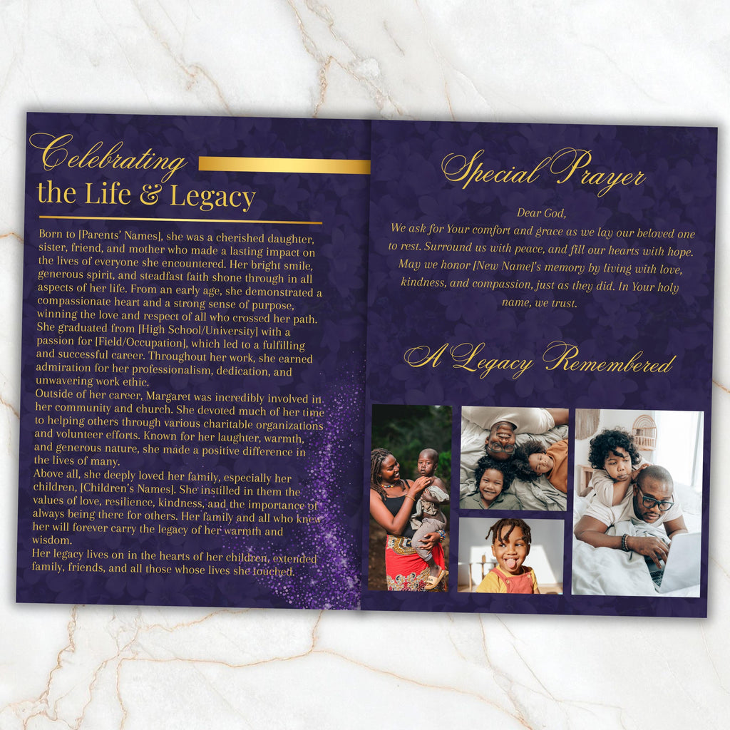6 Pages Memorial Funeral Program Edtiable Template, In Loving Memory Purple Funeral Canva Template, Obituary Celebration Of Life Program - Editable Memorial Canva Template